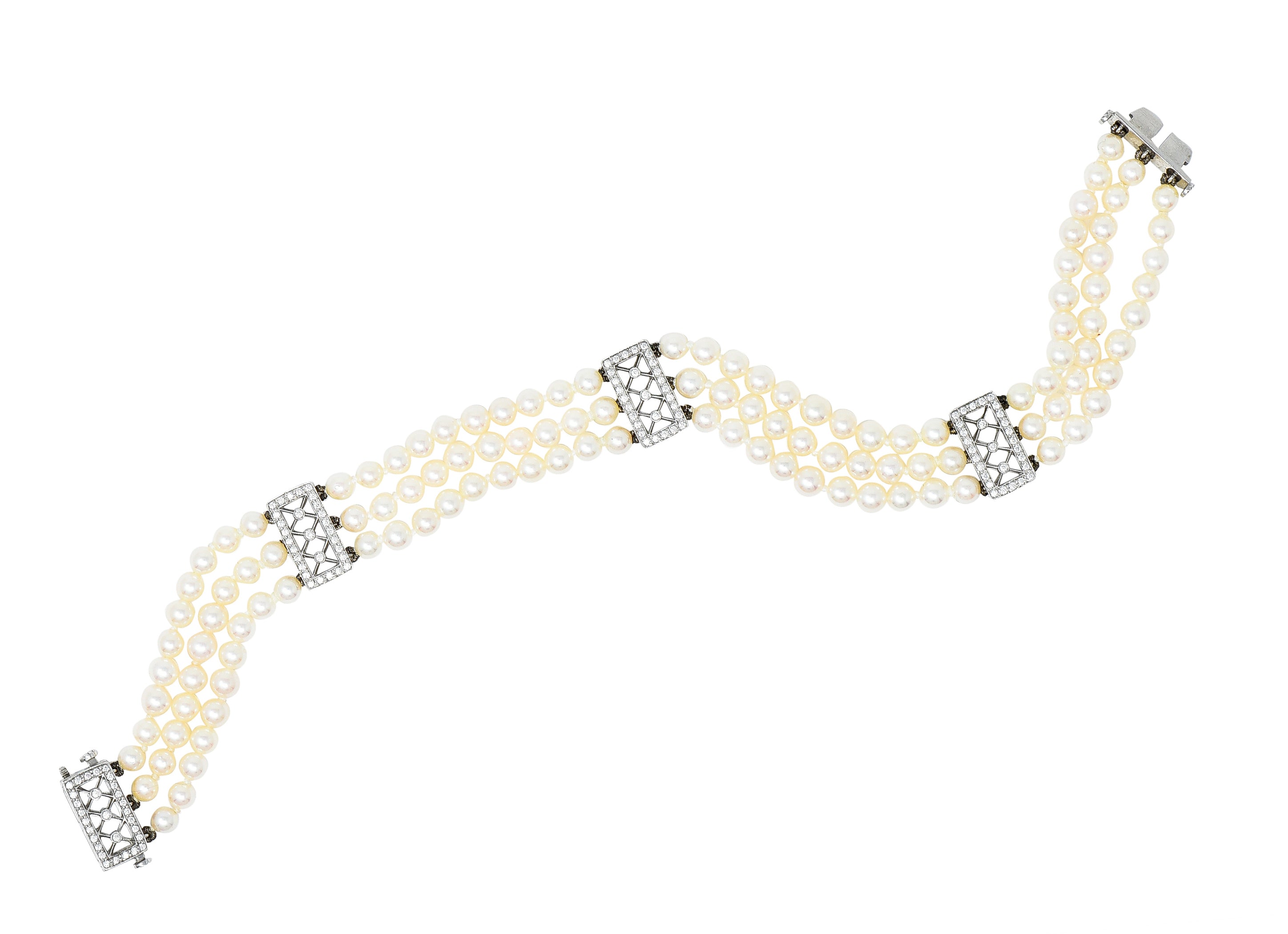 Tiffany & Co. Diamond Pearl Platinum Voile Three Strand Station Bracelet Wilson's Estate Jewelry