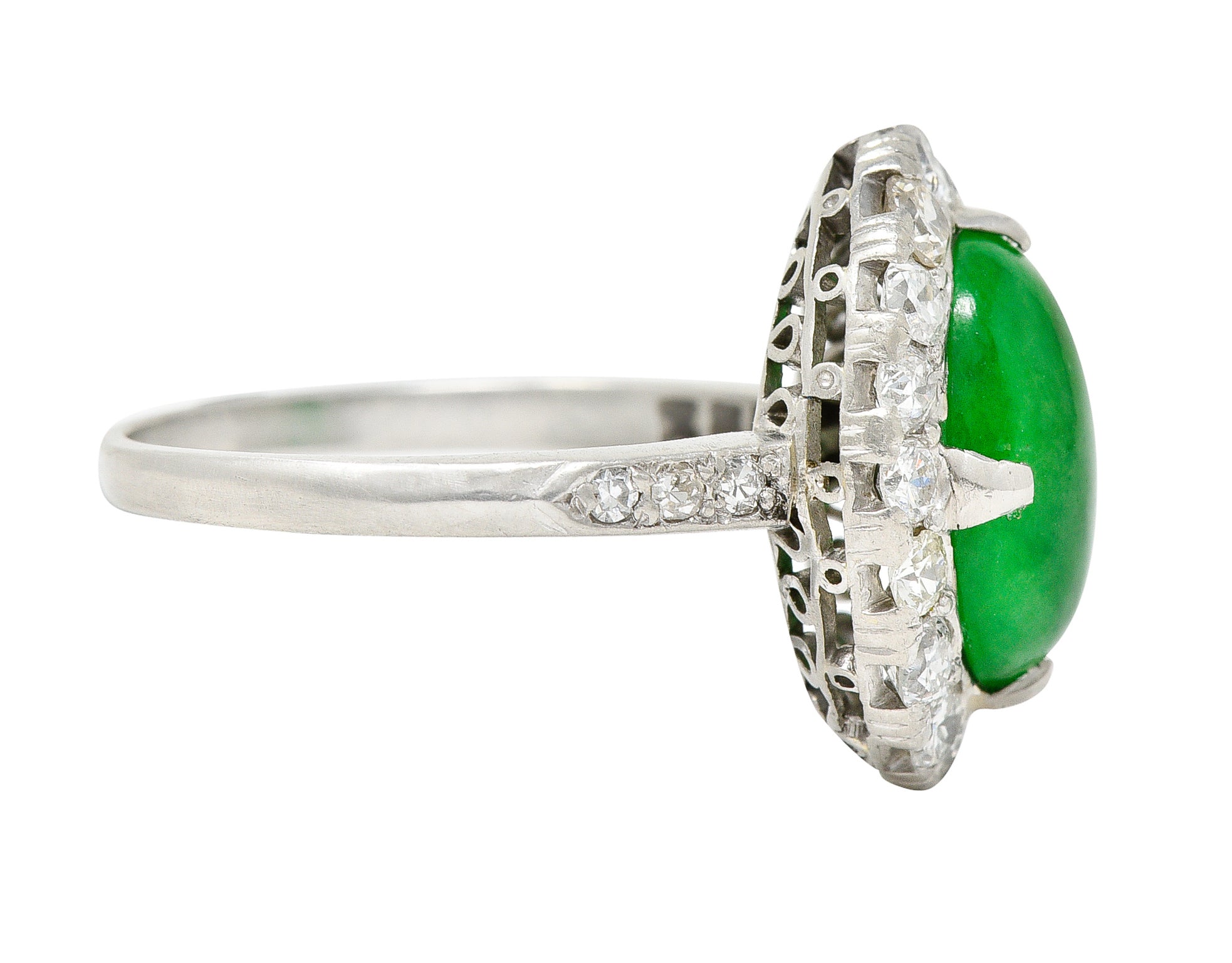 Art Deco Jadeite Jade Cabochon Diamond Platinum Cluster Gemstone Ring GIA Wilson's Estate Jewelry