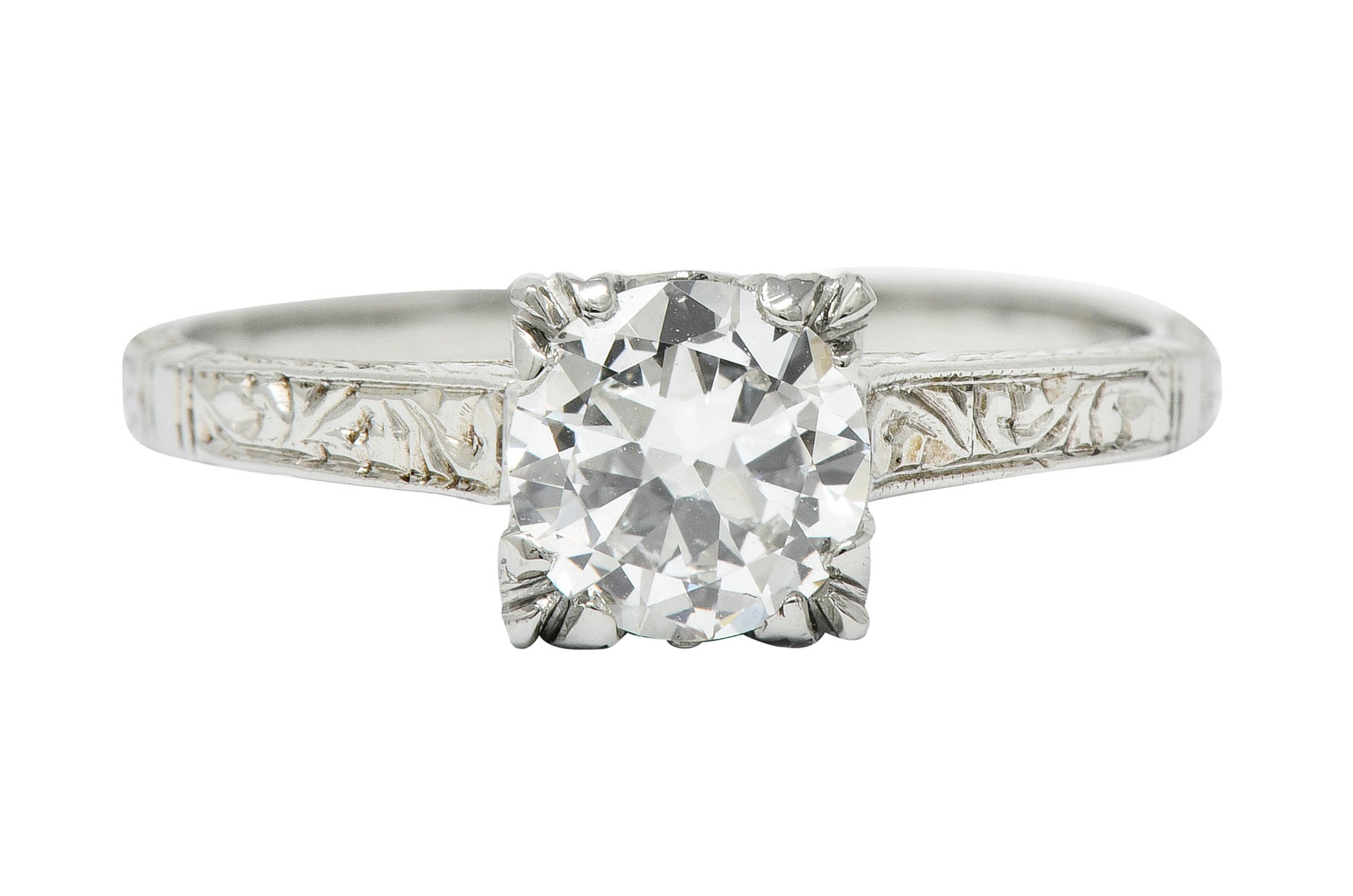 Art Deco 0.53 CTW Diamond 18 Karat White Gold Engraved Engagement Ring - Wilson's Estate Jewelry