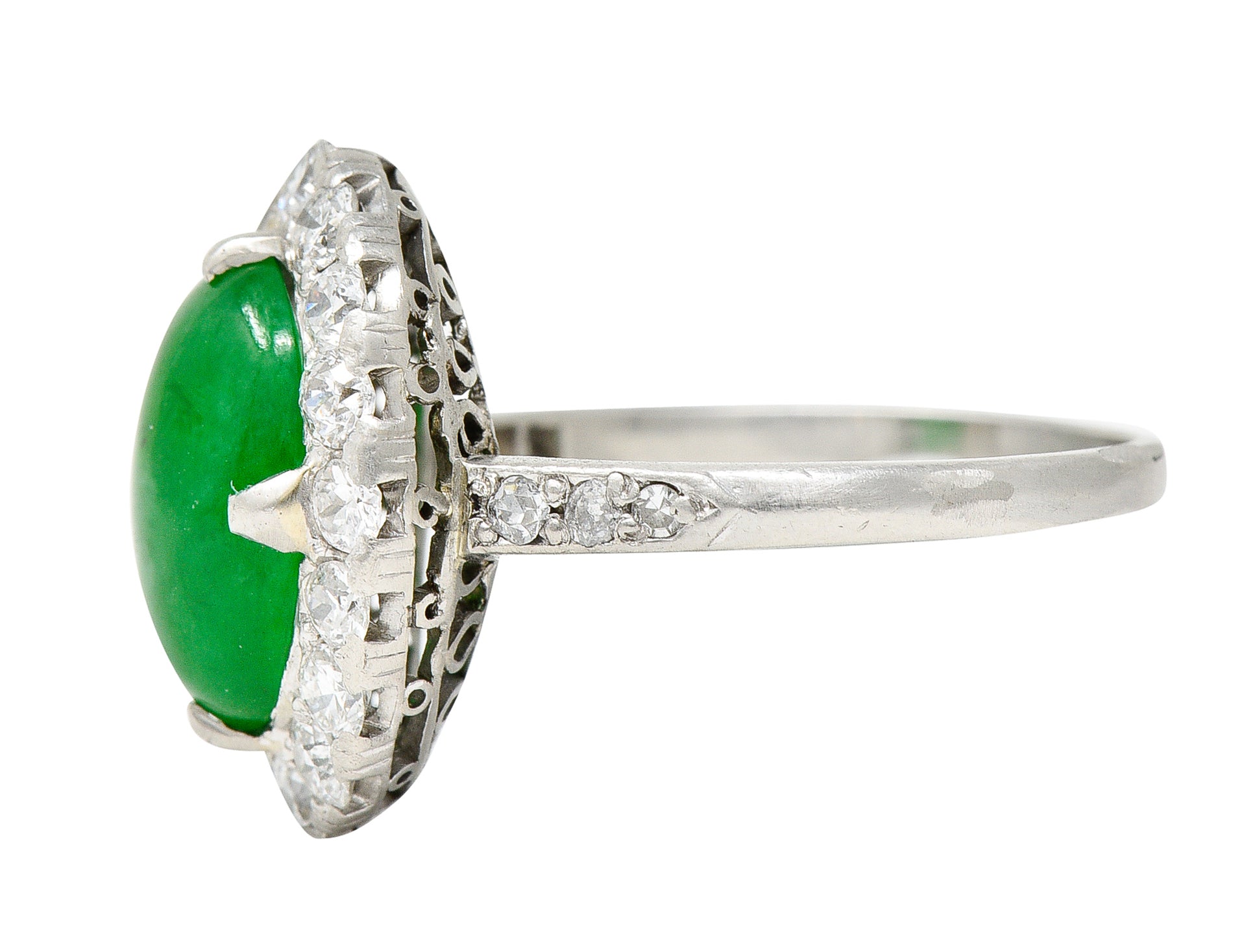 Art Deco Jadeite Jade Cabochon Diamond Platinum Cluster Gemstone Ring GIA Wilson's Estate Jewelry