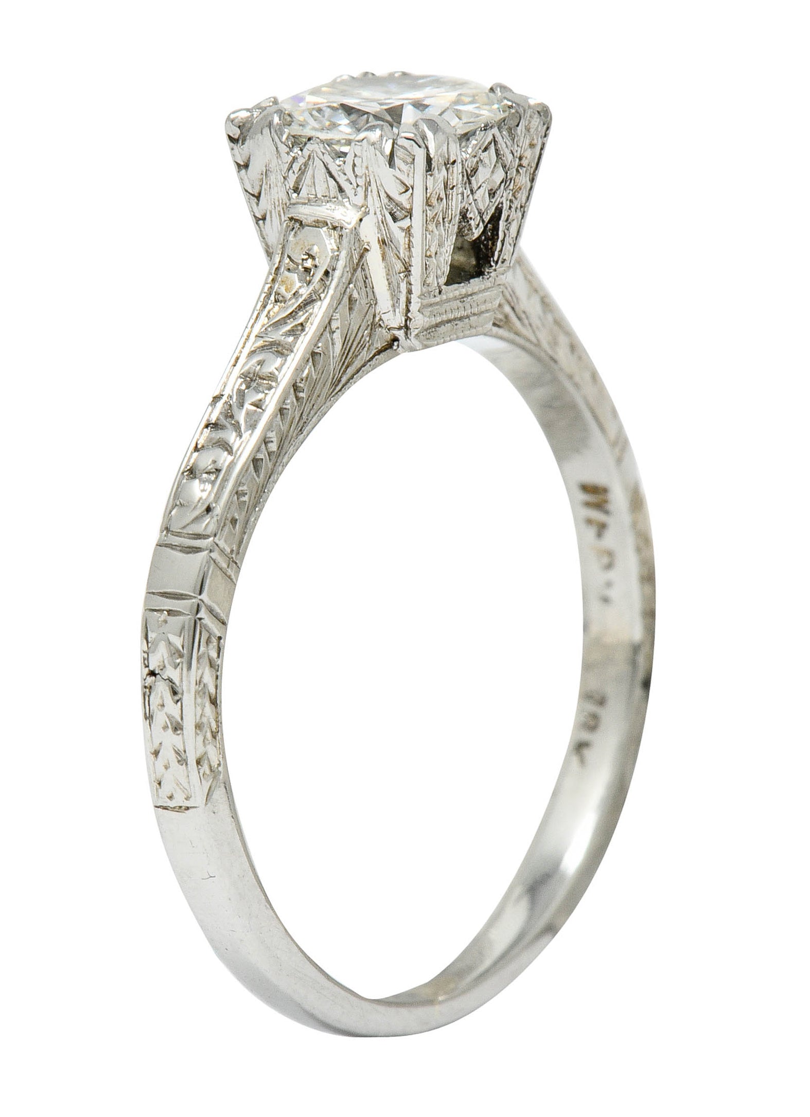 Art Deco 0.53 CTW Diamond 18 Karat White Gold Engraved Engagement Ring - Wilson's Estate Jewelry