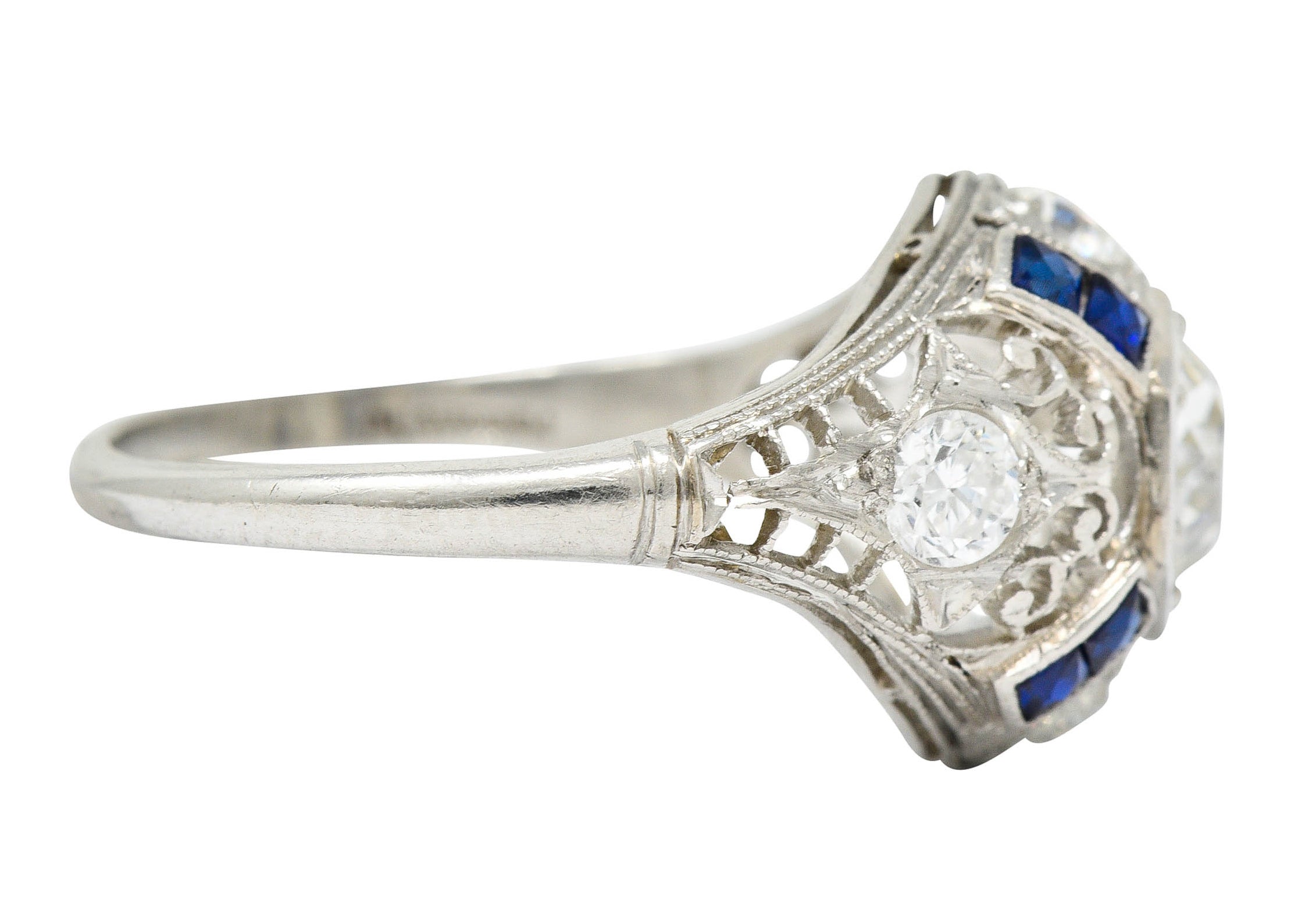 Art Deco 1.85 CTW Diamond Sapphire Platinum Hexagonal Filigree Engagement RingRing - Wilson's Estate Jewelry