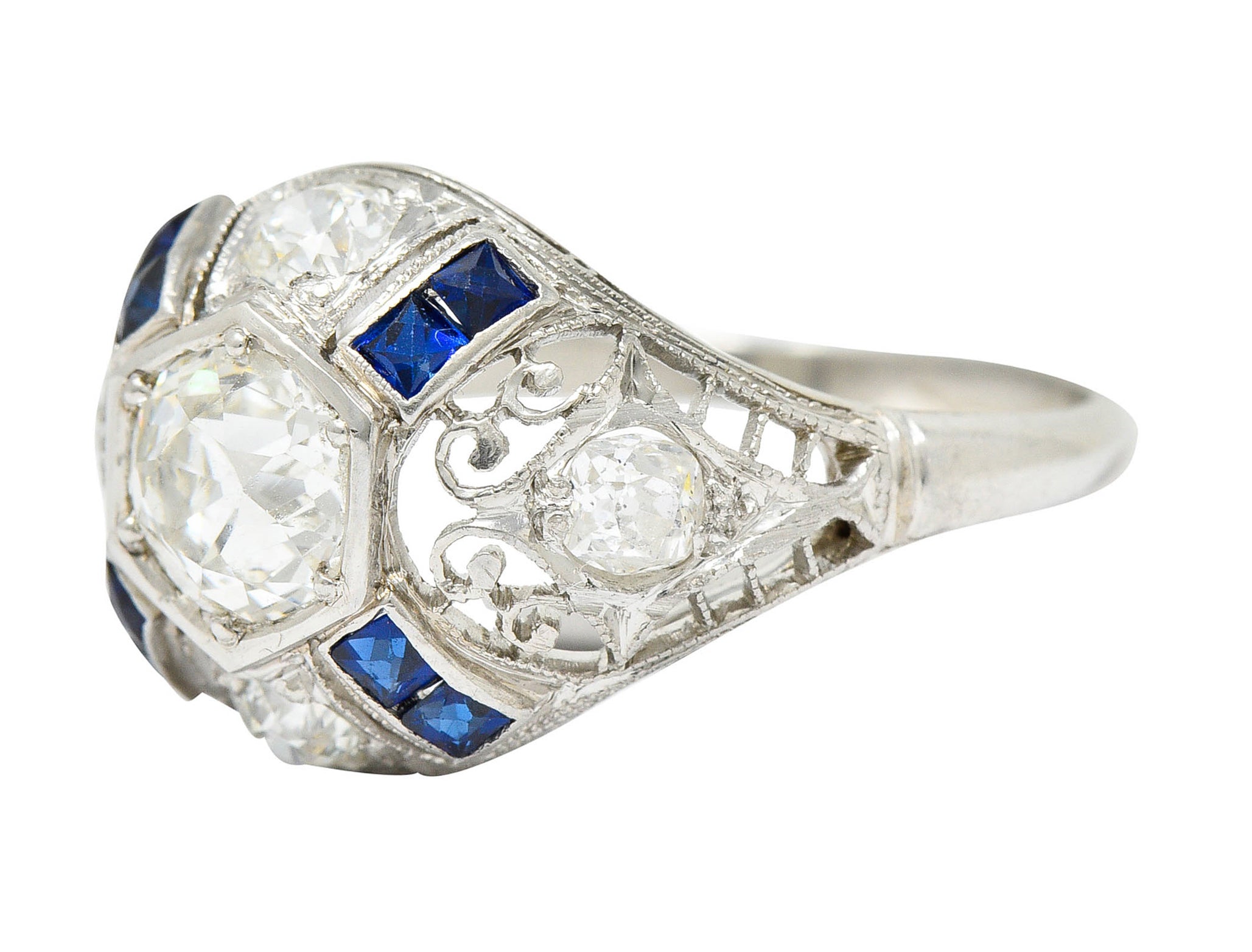 Art Deco 1.85 CTW Diamond Sapphire Platinum Hexagonal Filigree Engagement RingRing - Wilson's Estate Jewelry