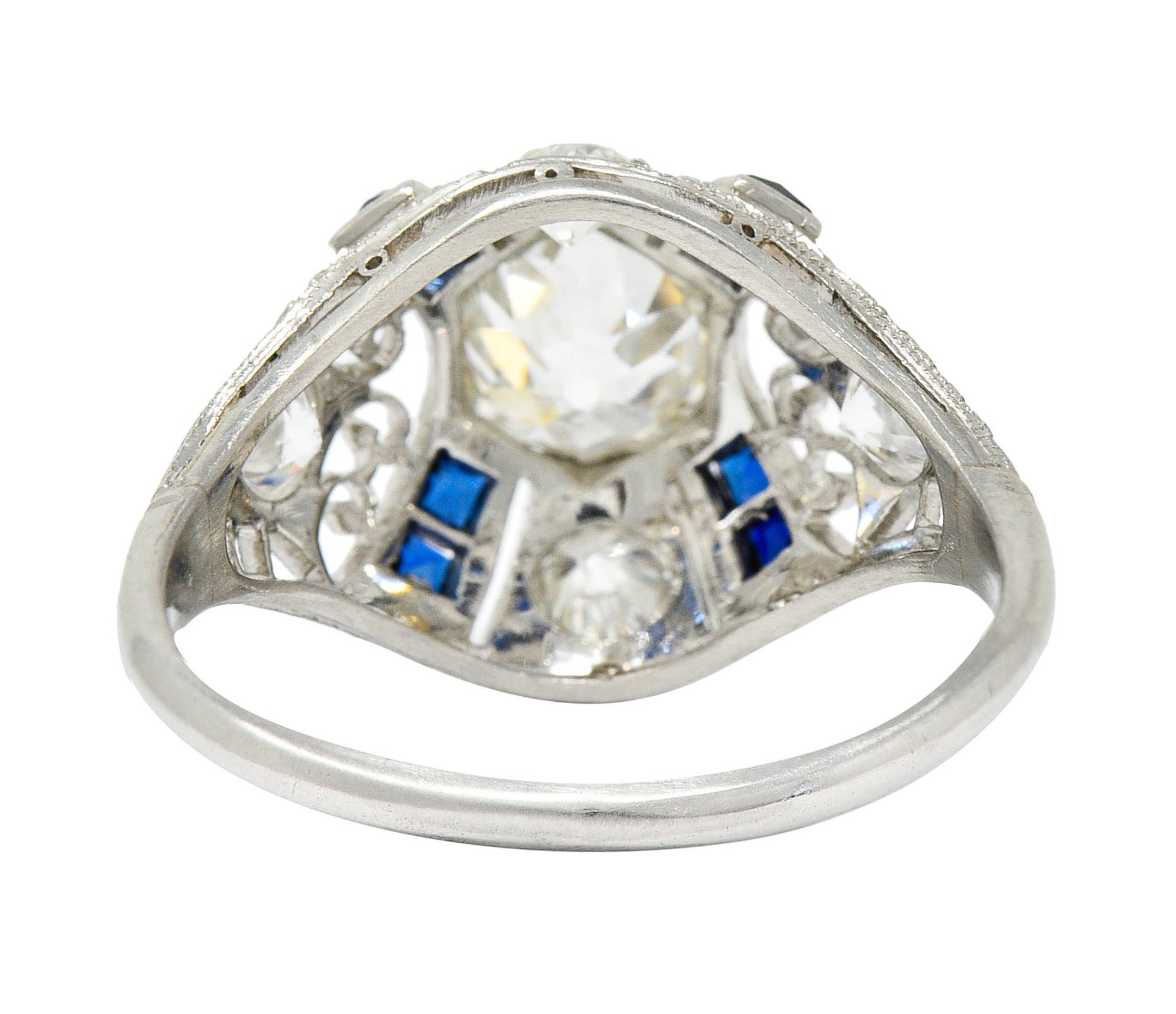 Art Deco 1.85 CTW Diamond Sapphire Platinum Hexagonal Filigree Engagement RingRing - Wilson's Estate Jewelry