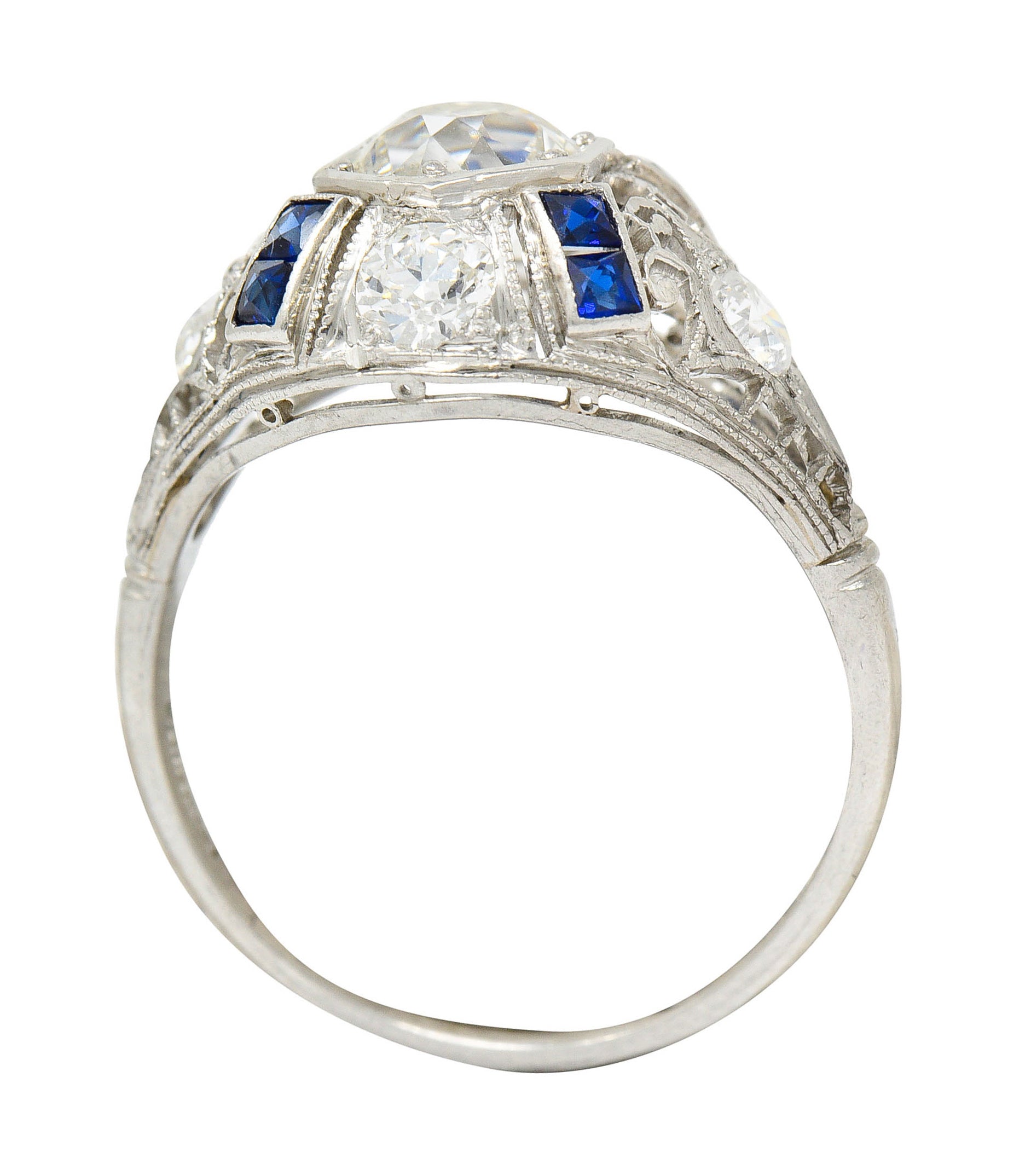 Art Deco 1.85 CTW Diamond Sapphire Platinum Hexagonal Filigree Engagement RingRing - Wilson's Estate Jewelry