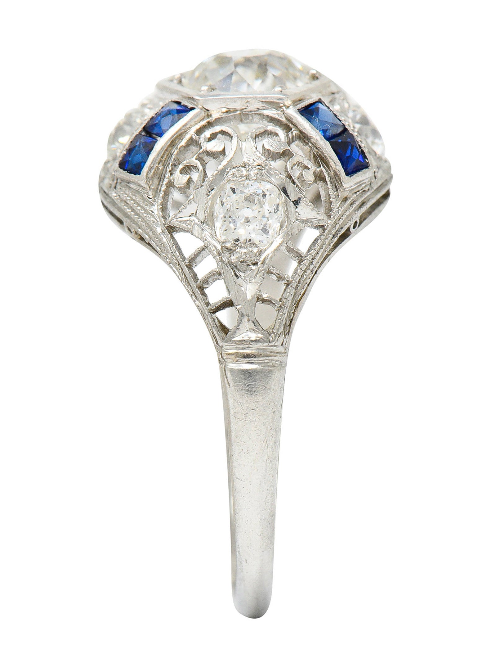 Art Deco 1.85 CTW Diamond Sapphire Platinum Hexagonal Filigree Engagement RingRing - Wilson's Estate Jewelry