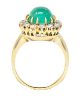 Victorian 6.28 CTW Colombian Emerald Cabochon Old European Cut Diamond 14 Karat Yellow Gold Antique Halo Ring GIA Wilson's Estate Jewelry