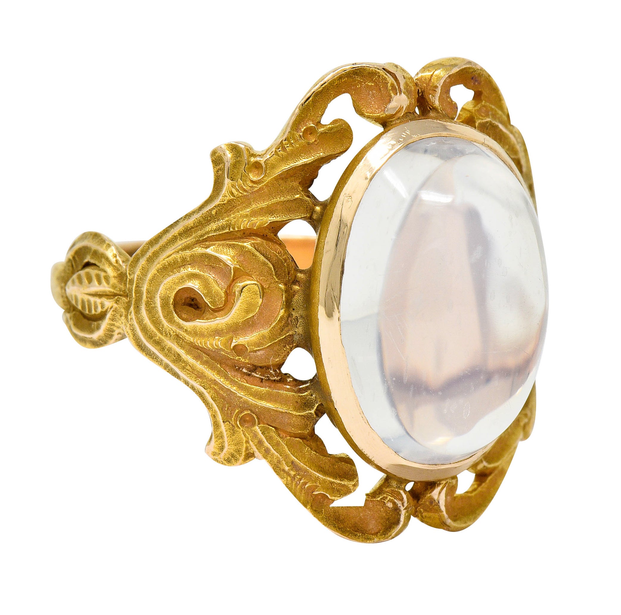 Art Nouveau Moonstone 14 Karat Gold Foliate Statement Ring - Wilson's Estate Jewelry