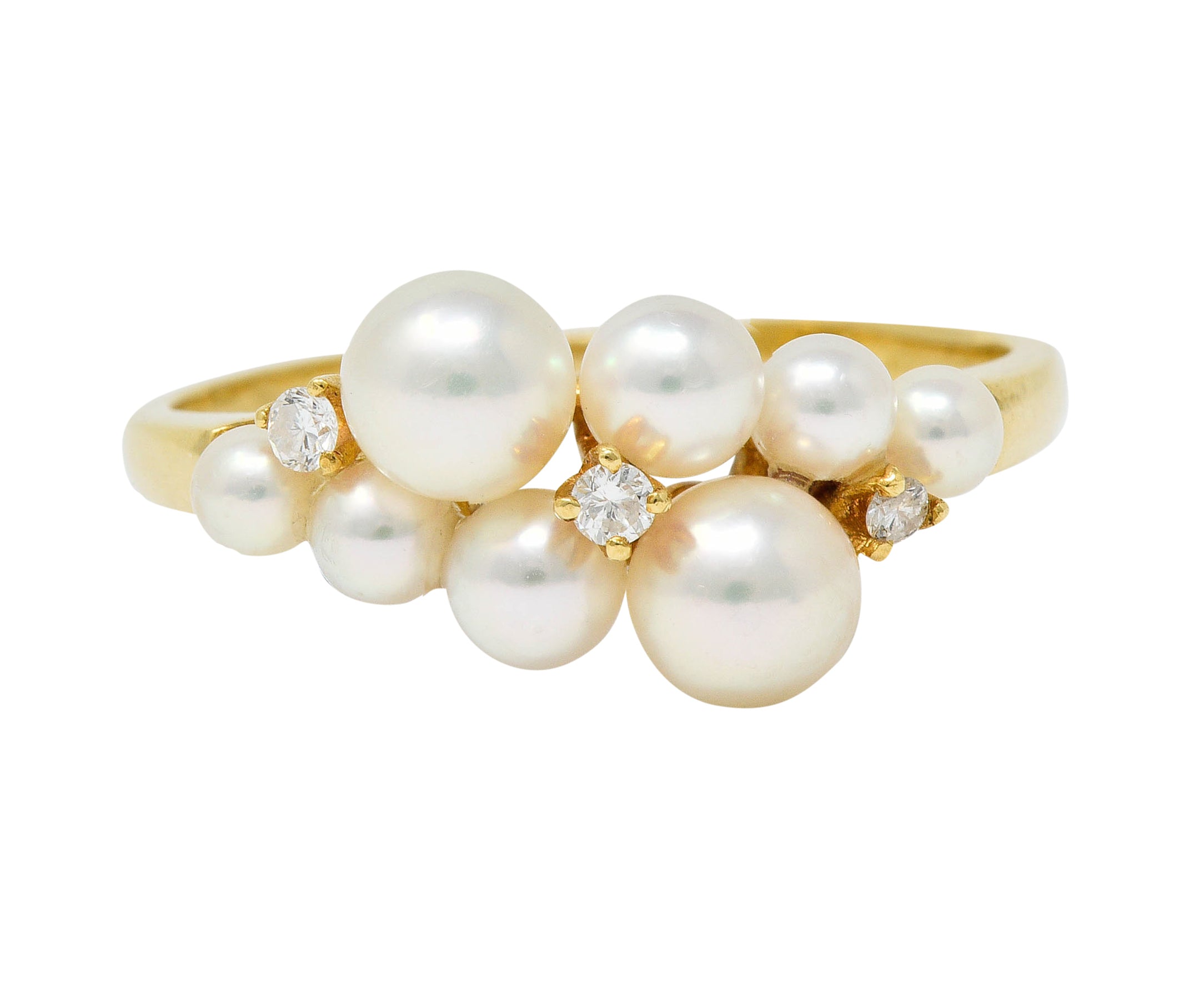 Mikimoto Vintage Diamond Cultured Pearl 18 Karat Gold Cluster RingRing - Wilson's Estate Jewelry