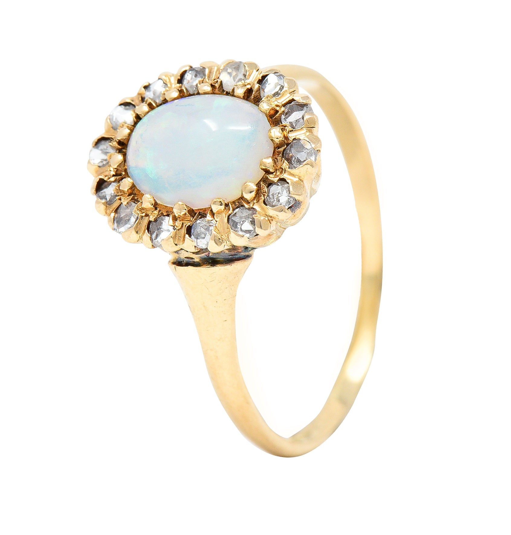 Victorian Opal Cabochon Diamond 14 Karat Yellow Gold Antique Halo Ring Wilson's Estate Jewelry