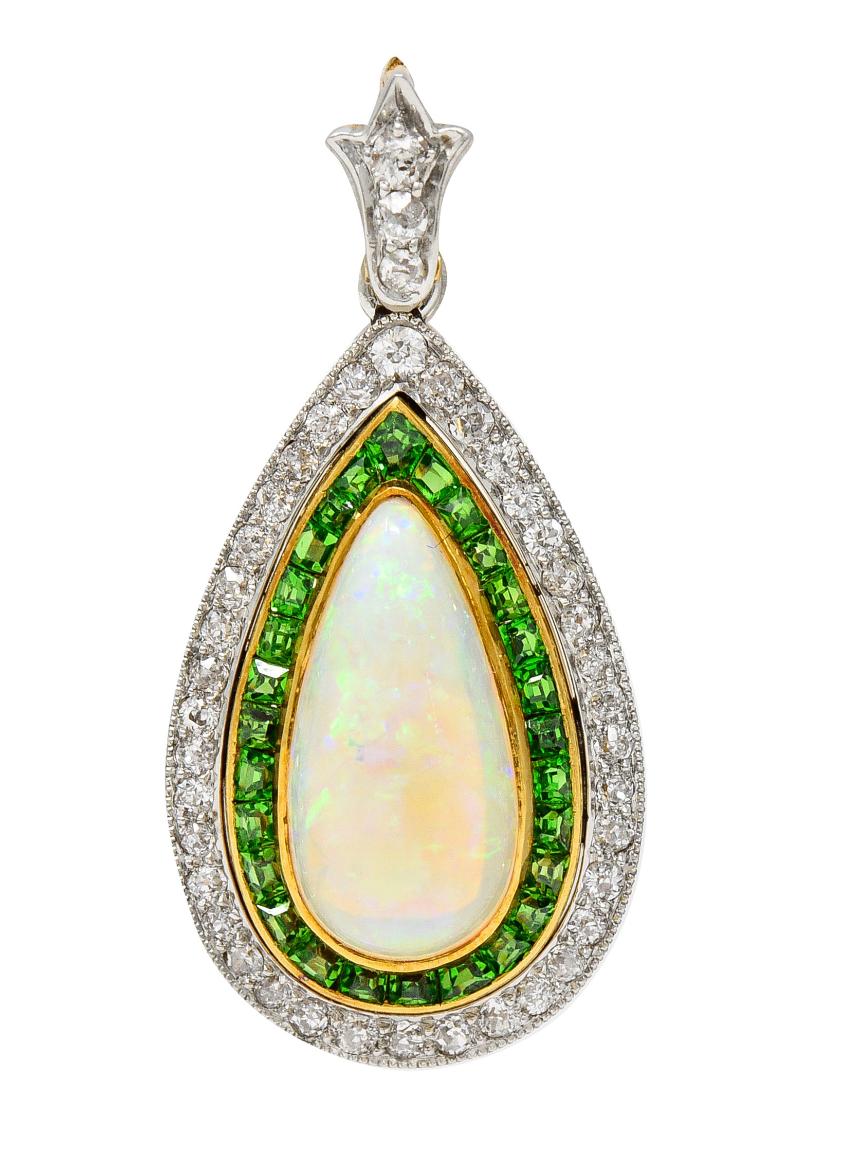 Edwardian Diamond Demantoid Garnet Opal Halo Lily Teardrop Antique Pendant