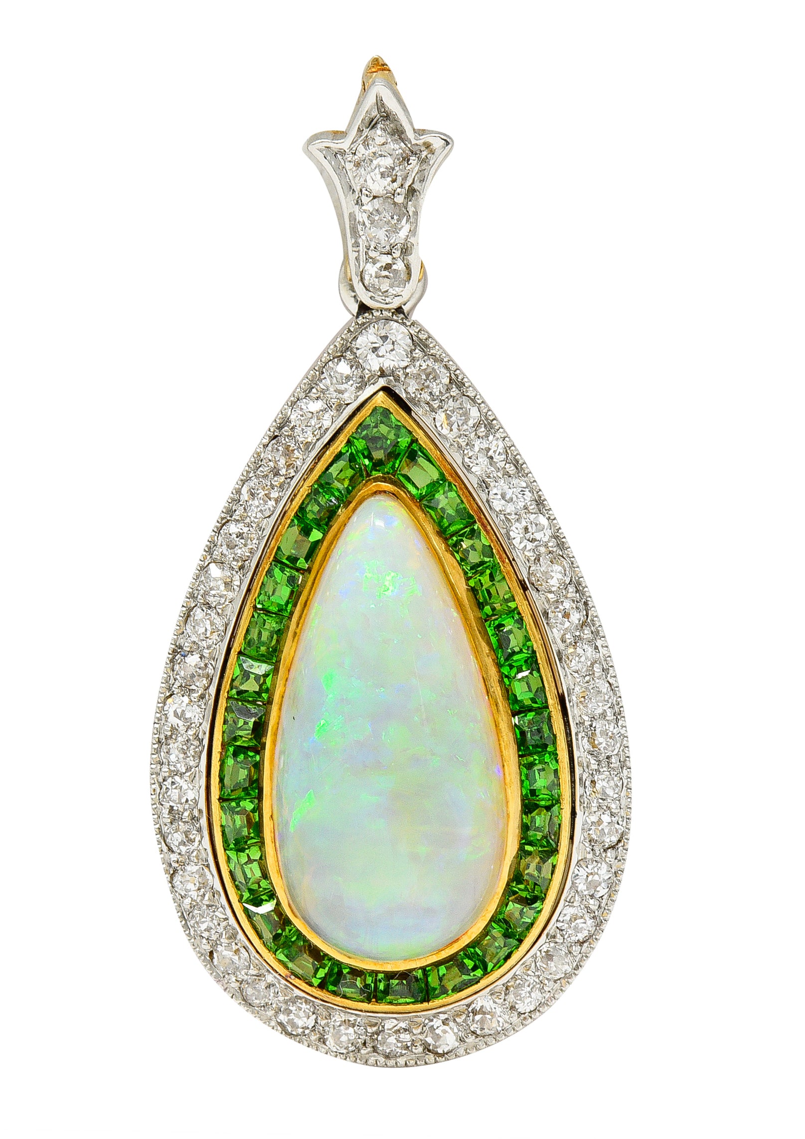 Edwardian Diamond Demantoid Garnet Opal Halo Lily Teardrop Antique Pendant