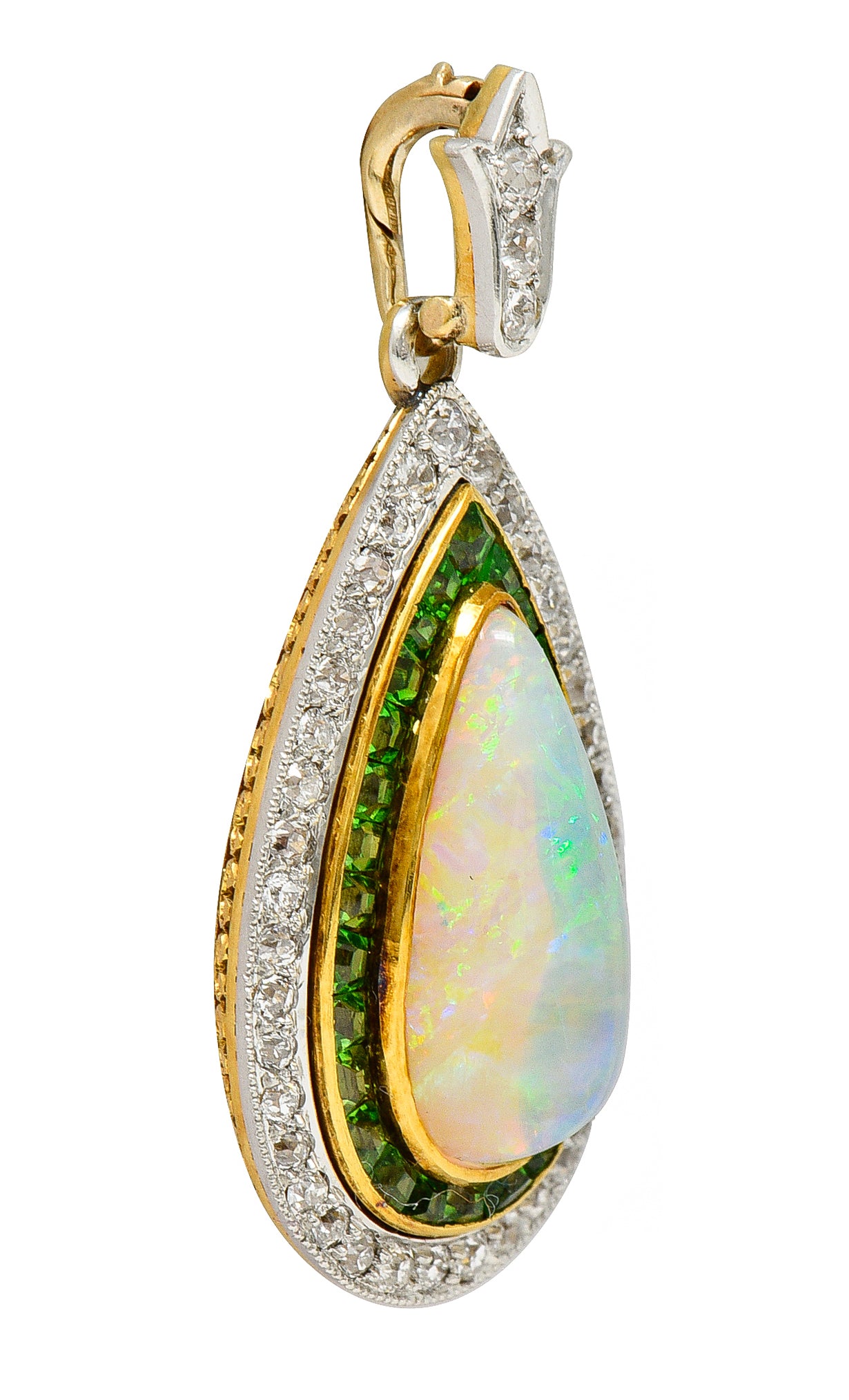 Edwardian Diamond Demantoid Garnet Opal Halo Lily Teardrop Antique Pendant