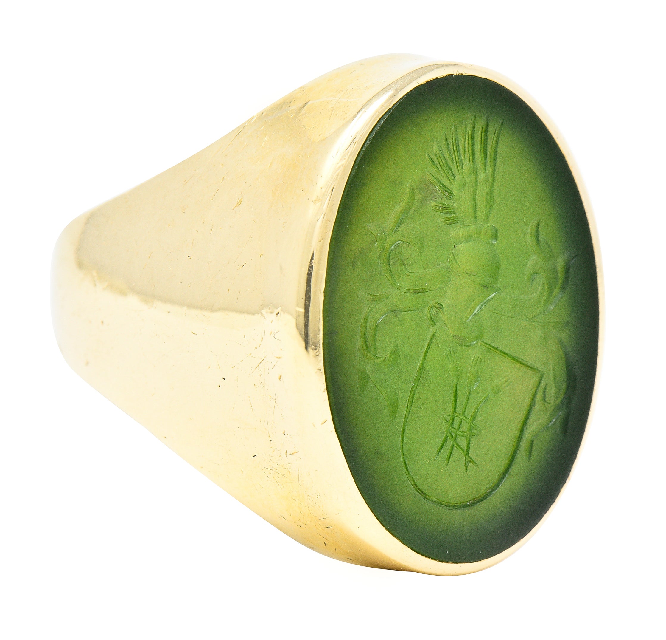 Victorian Nephrite Jade 14 Karat Yellow Gold Celtic Thistle Crest Carved Intaglio Antique Signet Ring Wilson's Estate Jewelry