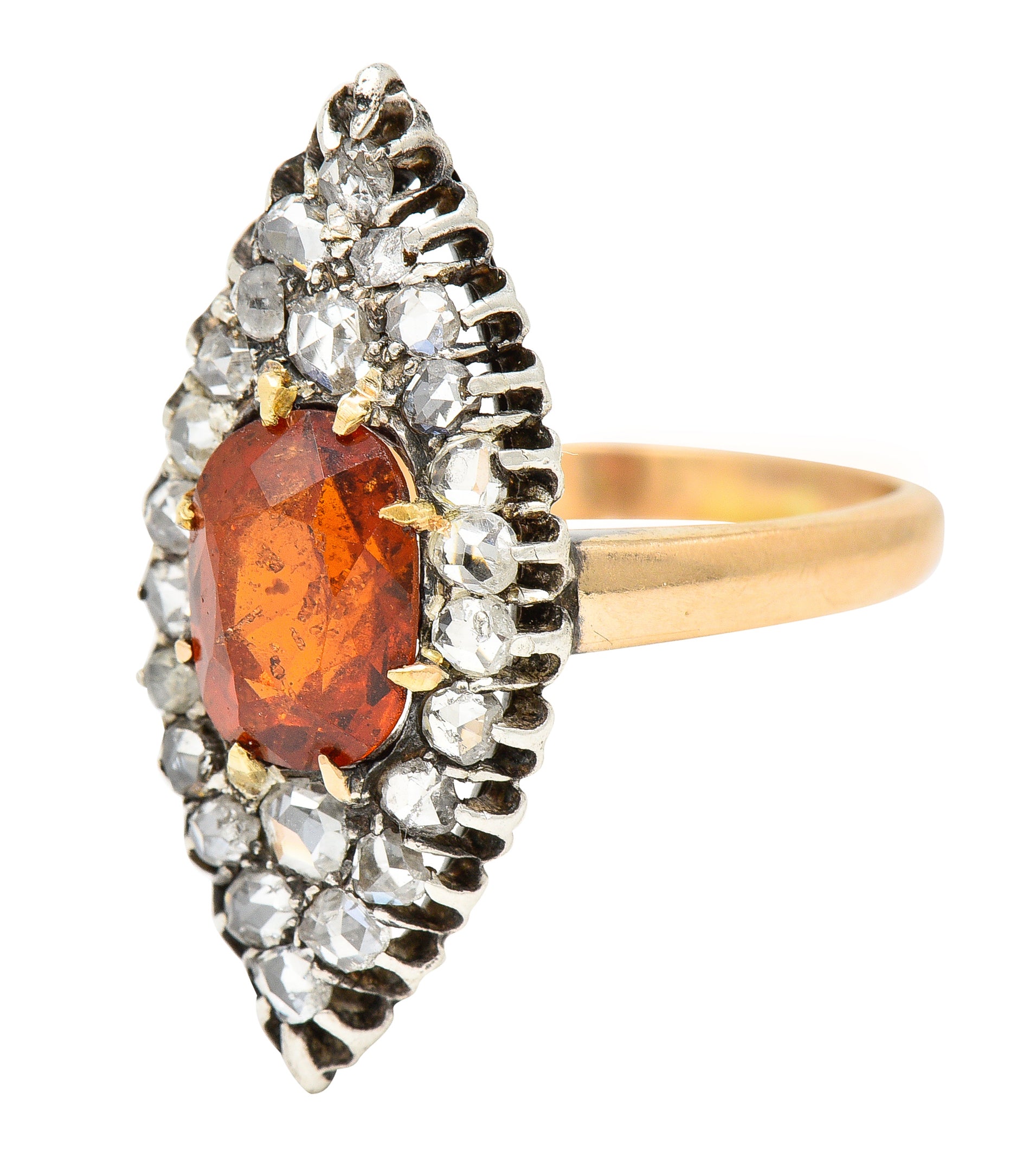 1908 Russian Hessonite Garnet Diamond Silver-Topped 14 Karat Yellow Gold Antique Navette Cluster Ring Wilson's Estate Jewelry