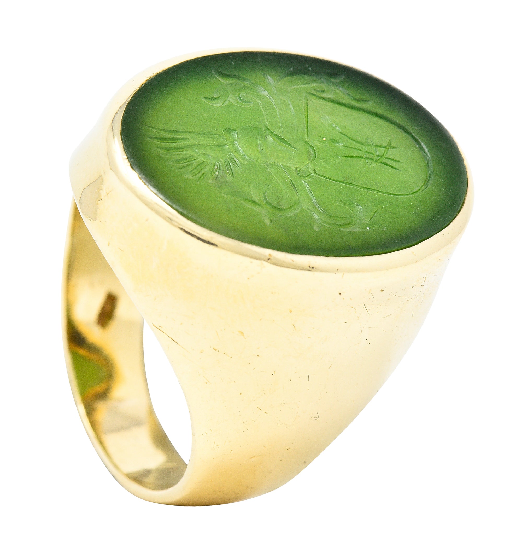 Victorian Nephrite Jade 14 Karat Yellow Gold Celtic Thistle Crest Carved Intaglio Antique Signet Ring Wilson's Estate Jewelry