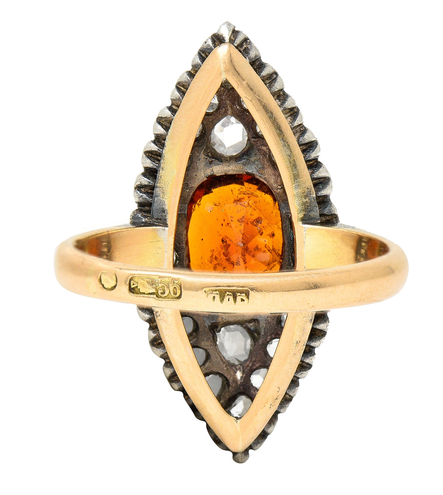 1908 Russian Hessonite Garnet Diamond Silver-Topped 14 Karat Yellow Gold Antique Navette Cluster Ring Wilson's Estate Jewelry