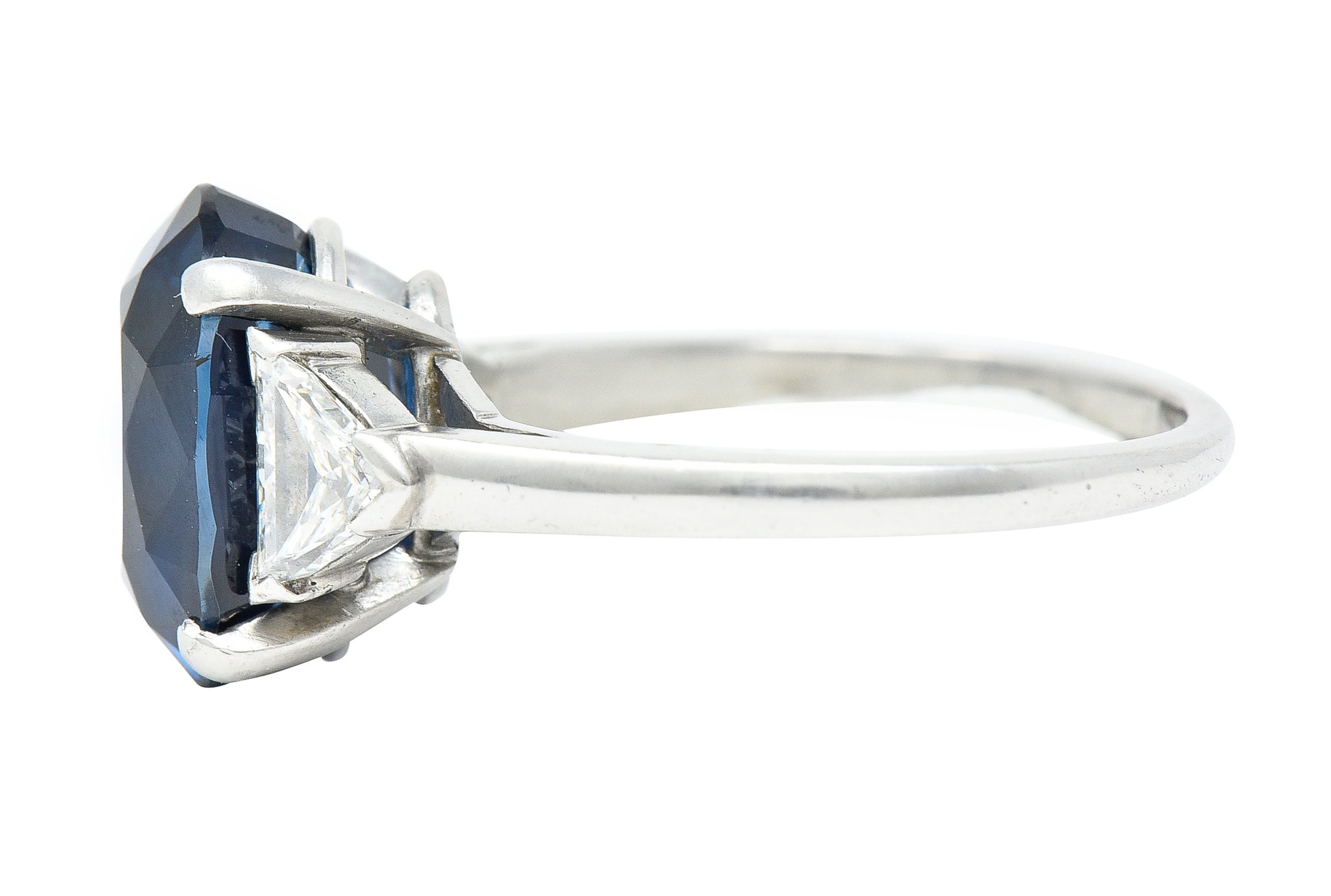 Mid-Century 7.13 CTW Oval Cut No-Heat Thai Sapphire Trillion Cut Diamond Platinum Vintage Three Stone Ring GIA Wilson's Estate Jewelry