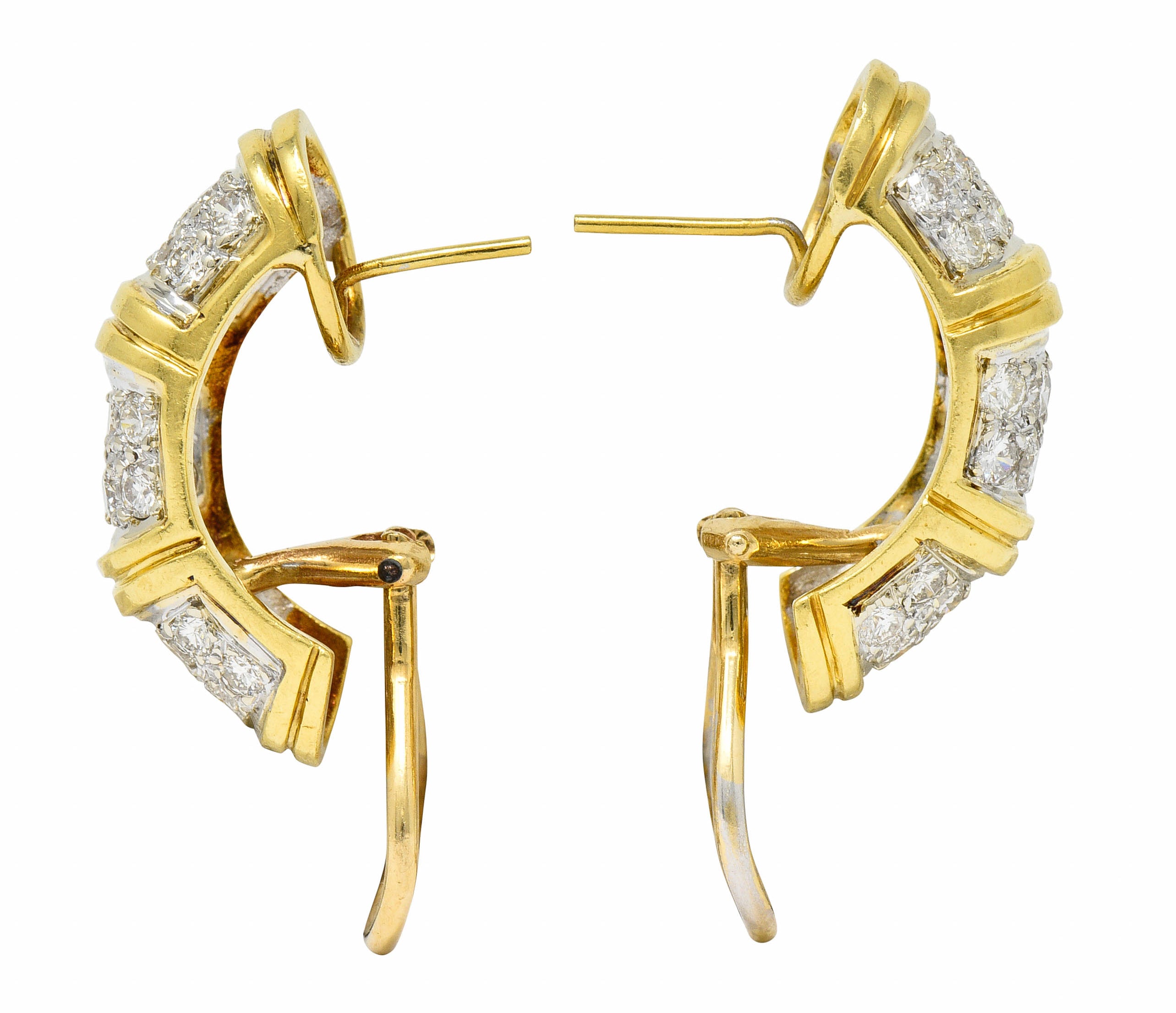 Vintage 2.50 CTW Pave Diamond 18 Karat Two-Tone Gold Half Hoop EarringsEarrings - Wilson's Estate Jewelry