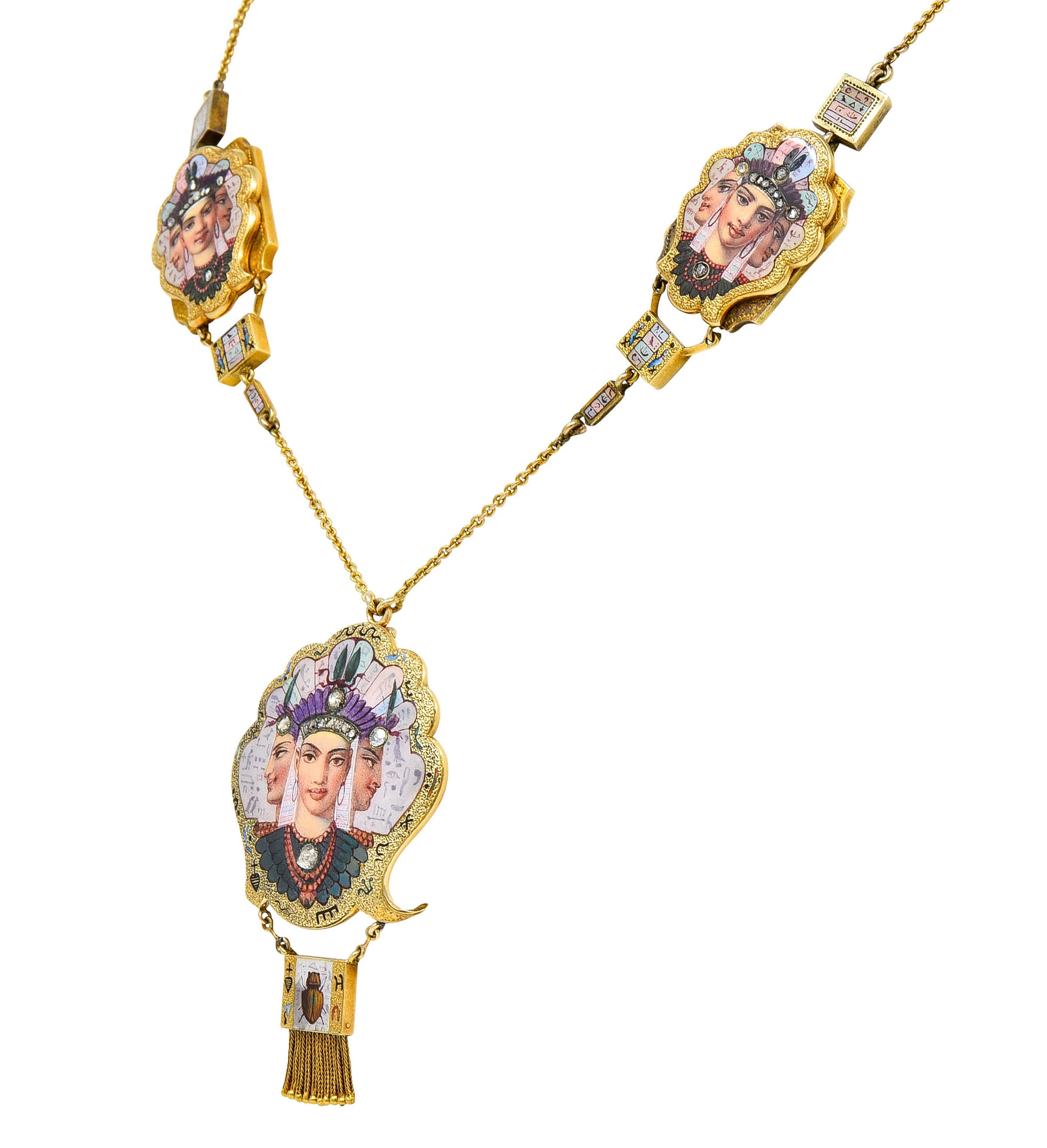 1870's Egyptian Revival Enamel Rose Cut Diamond 18 Karat Gold Goddess Victorian Swag NecklaceNecklace - Wilson's Estate Jewelry