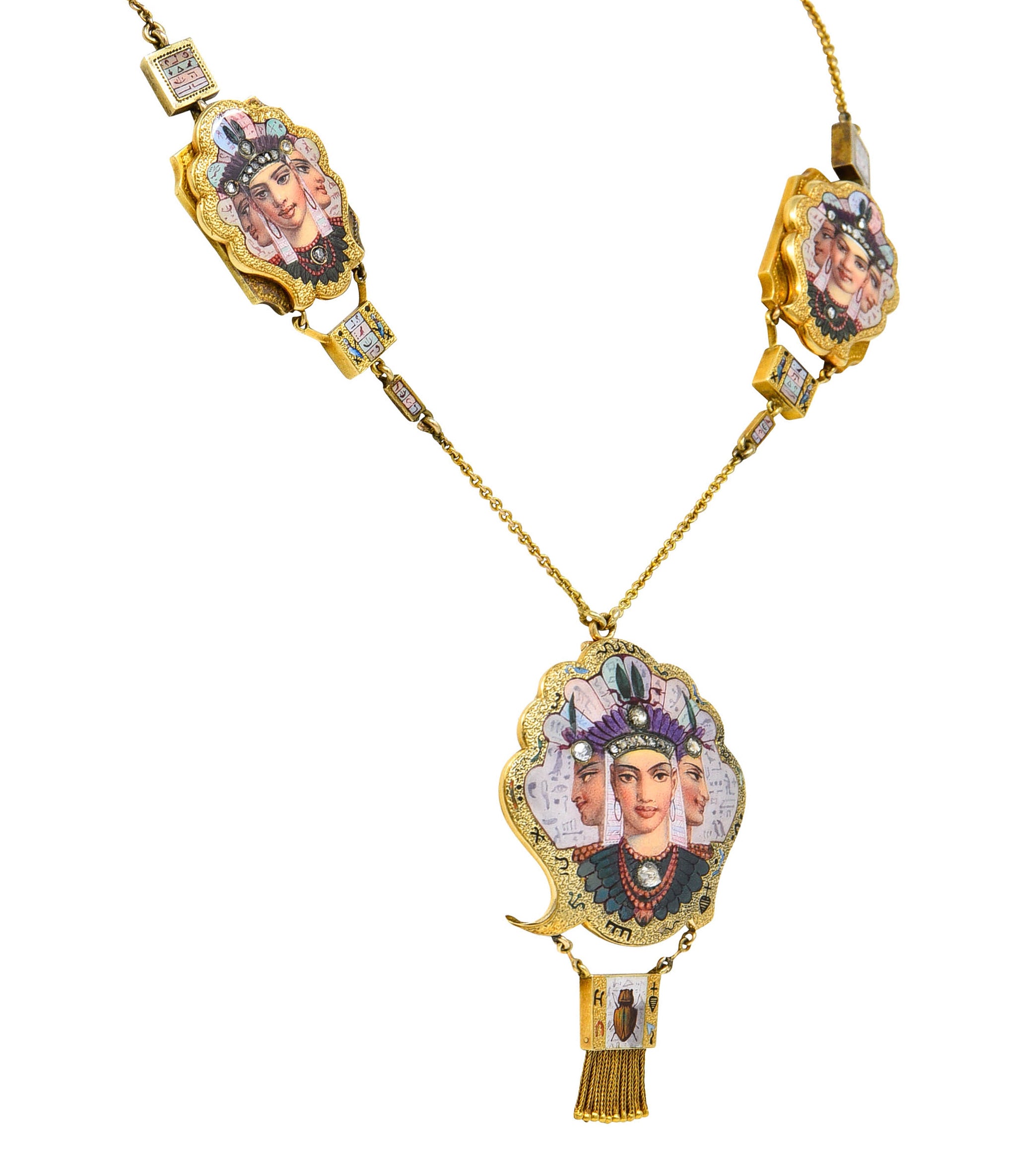 1870's Egyptian Revival Enamel Rose Cut Diamond 18 Karat Gold Goddess Victorian Swag NecklaceNecklace - Wilson's Estate Jewelry