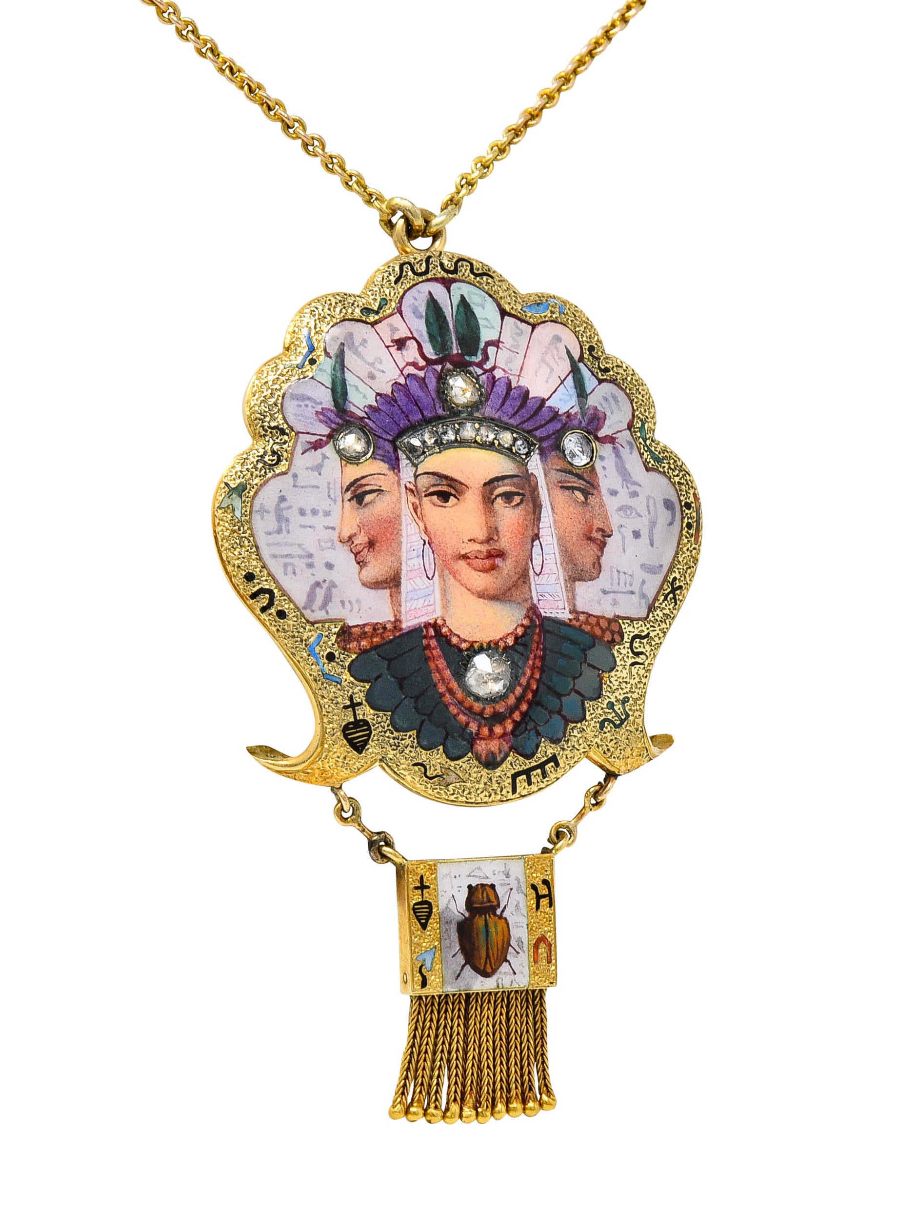 1870's Egyptian Revival Enamel Rose Cut Diamond 18 Karat Gold Goddess Victorian Swag NecklaceNecklace - Wilson's Estate Jewelry