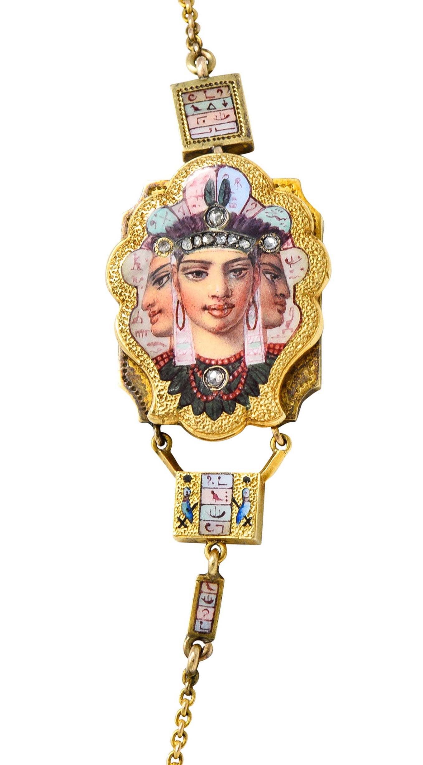 1870's Egyptian Revival Enamel Rose Cut Diamond 18 Karat Gold Goddess Victorian Swag NecklaceNecklace - Wilson's Estate Jewelry