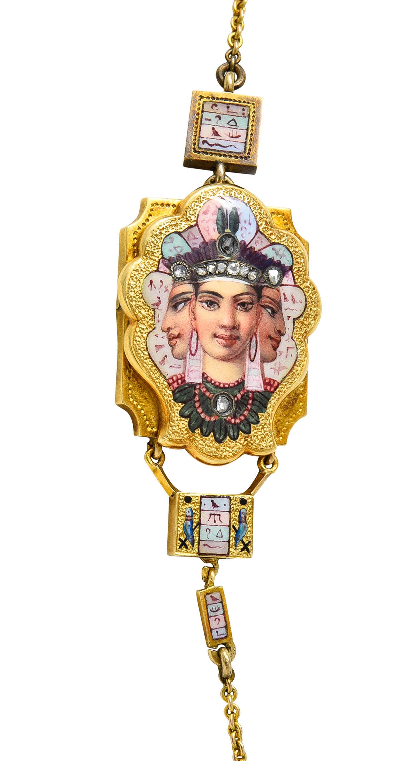 1870's Egyptian Revival Enamel Rose Cut Diamond 18 Karat Gold Goddess Victorian Swag NecklaceNecklace - Wilson's Estate Jewelry