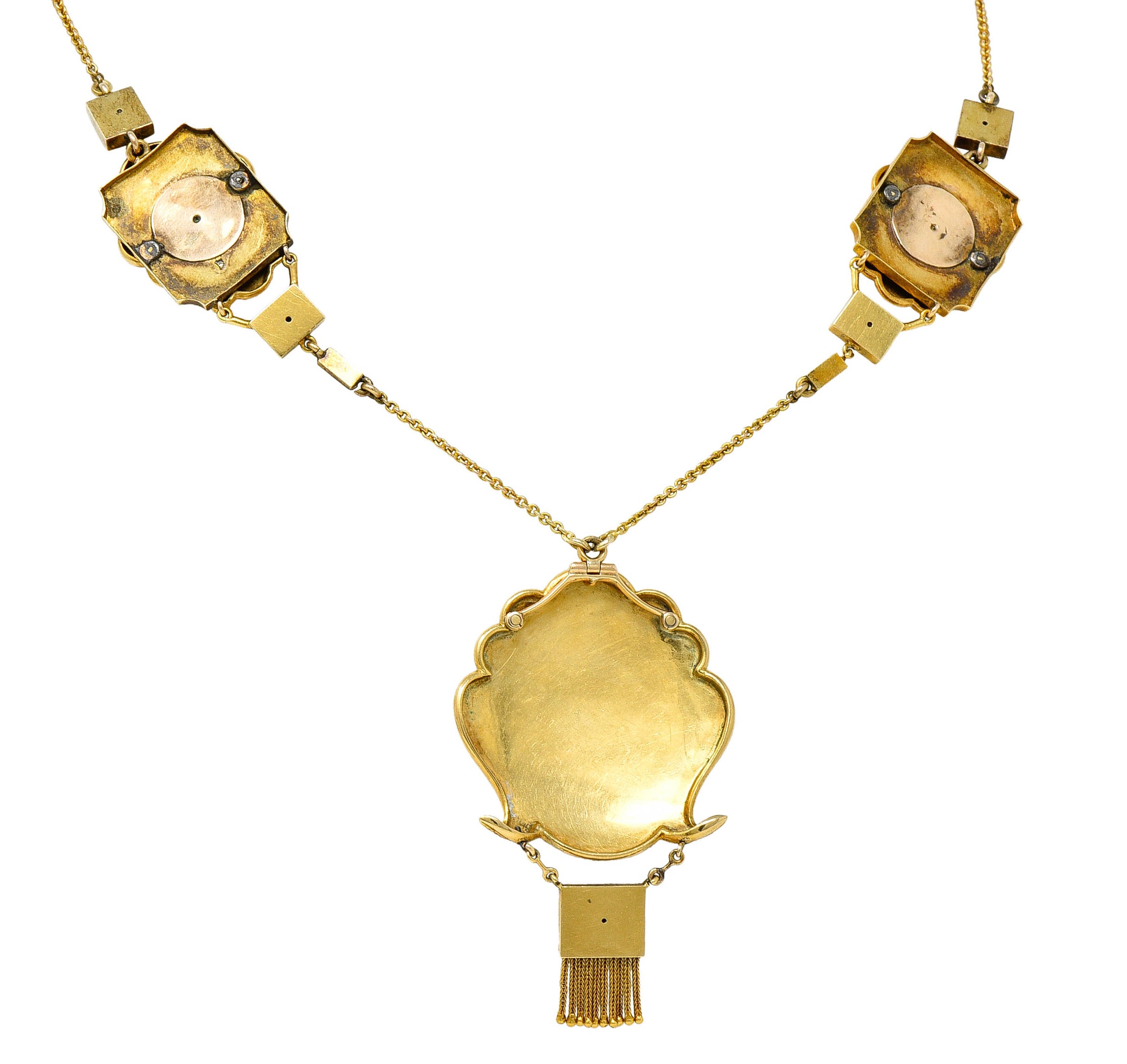 1870's Egyptian Revival Enamel Rose Cut Diamond 18 Karat Gold Goddess Victorian Swag NecklaceNecklace - Wilson's Estate Jewelry