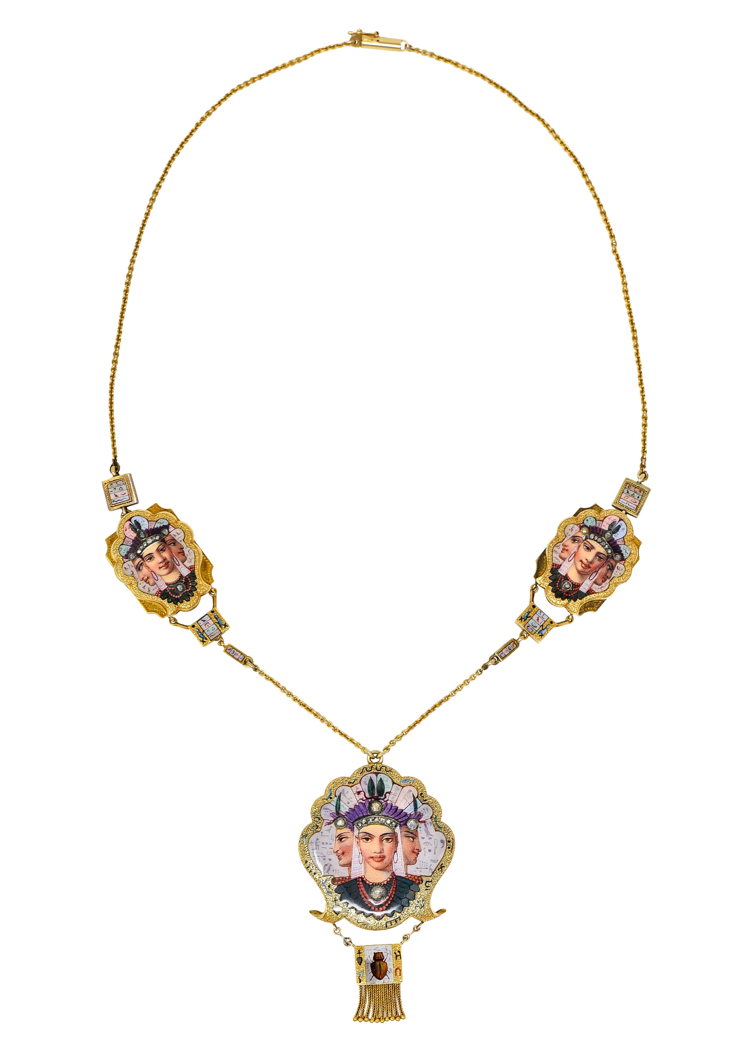 1870's Egyptian Revival Enamel Rose Cut Diamond 18 Karat Gold Goddess Victorian Swag NecklaceNecklace - Wilson's Estate Jewelry