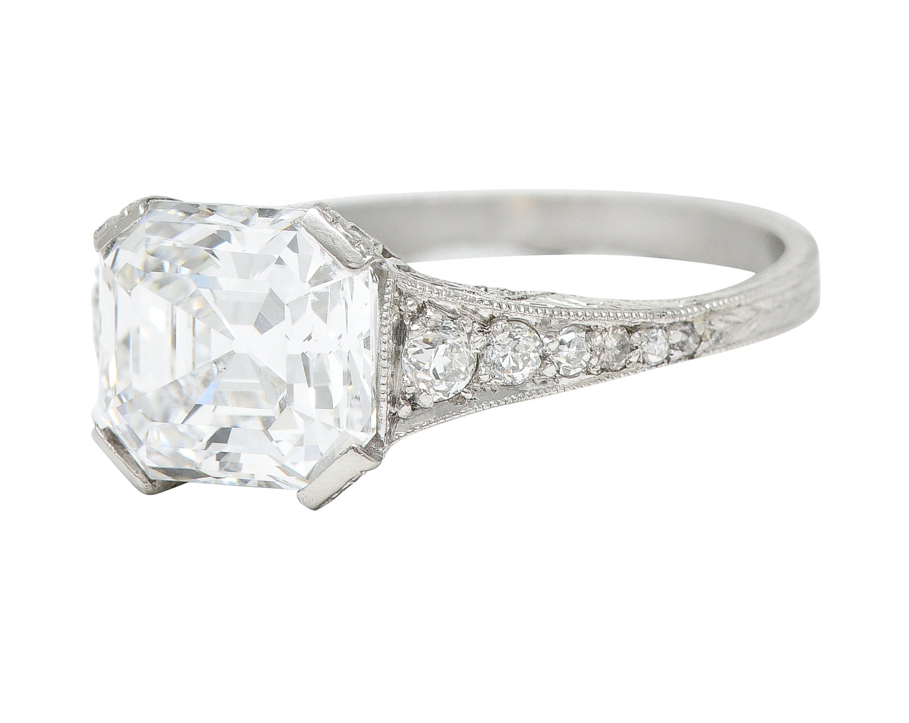 Art Deco 3.17 CTW Asscher Diamond Platinum Engagement Ring GIARing - Wilson's Estate Jewelry