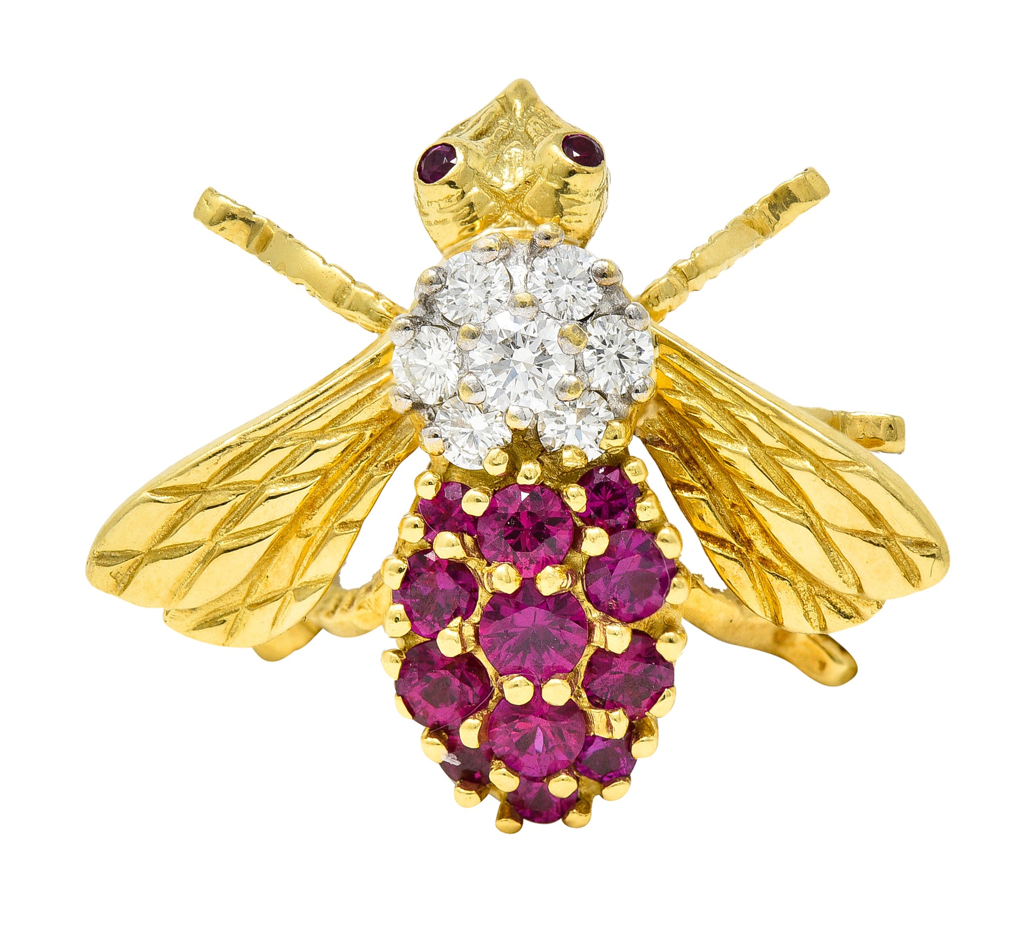 1960's Herbert Rosenthal 1.00 CTW Ruby Diamond 18 Karat Yellow Gold Vintage Bug Brooch Wilson's Estate Jewelry