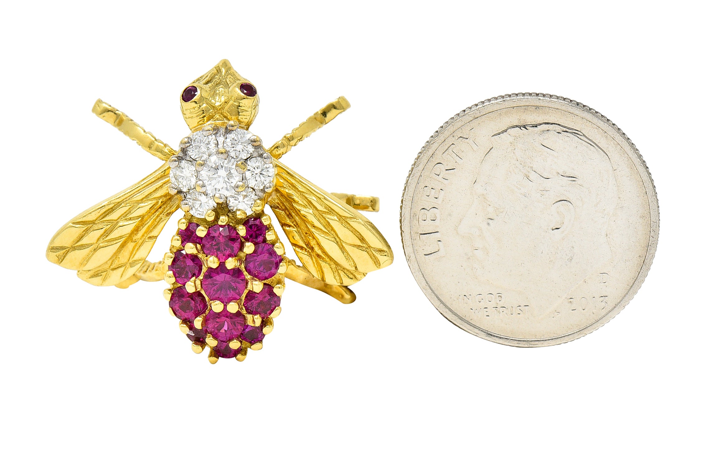 1960's Herbert Rosenthal 1.00 CTW Ruby Diamond 18 Karat Yellow Gold Vintage Bug Brooch Wilson's Estate Jewelry