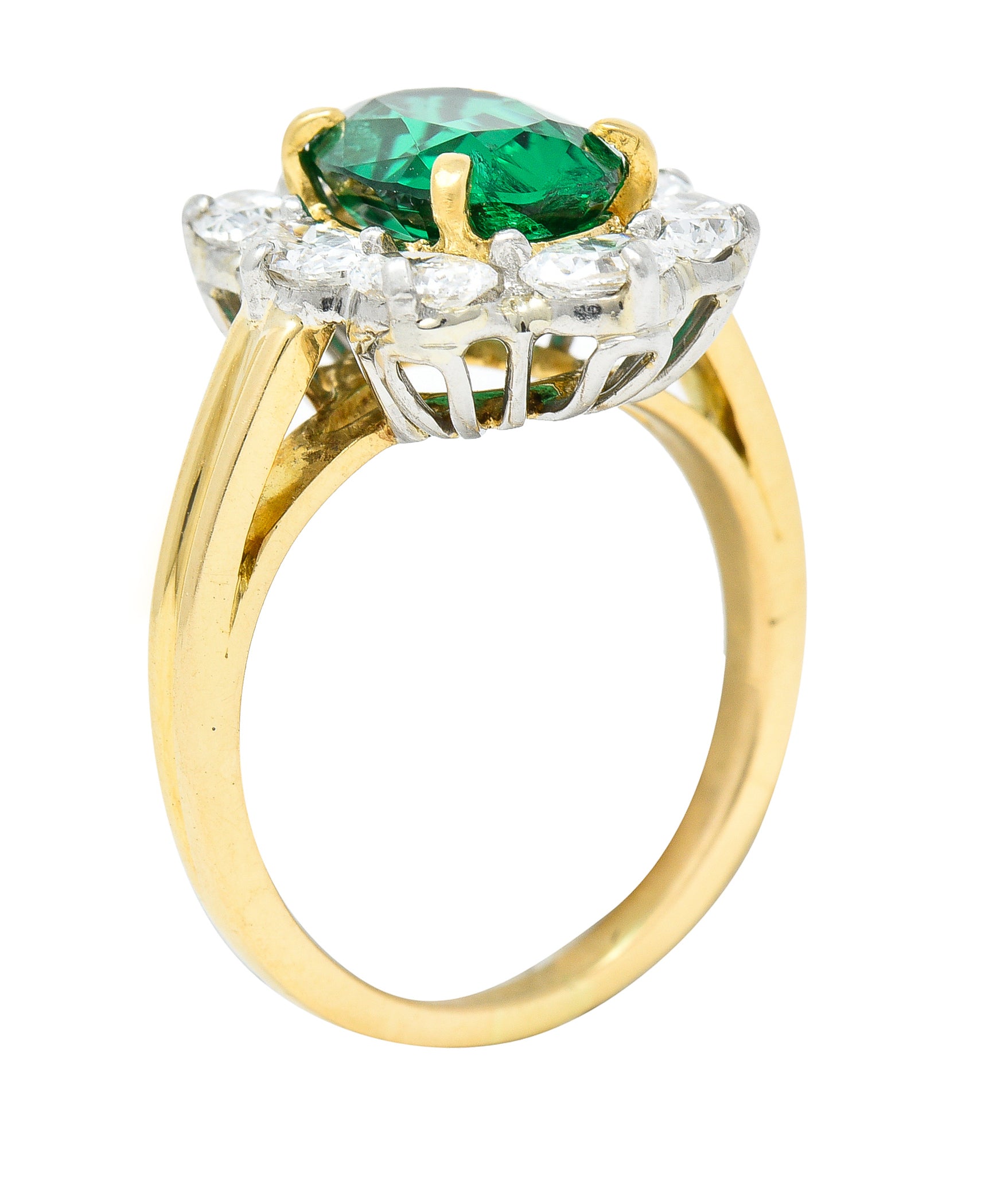 Vintage 2.96 CTW Emerald Oval Cut Diamond Platinum 18 Karat Yellow Gold Halo Ring GIA Wilson's Estate Jewelry