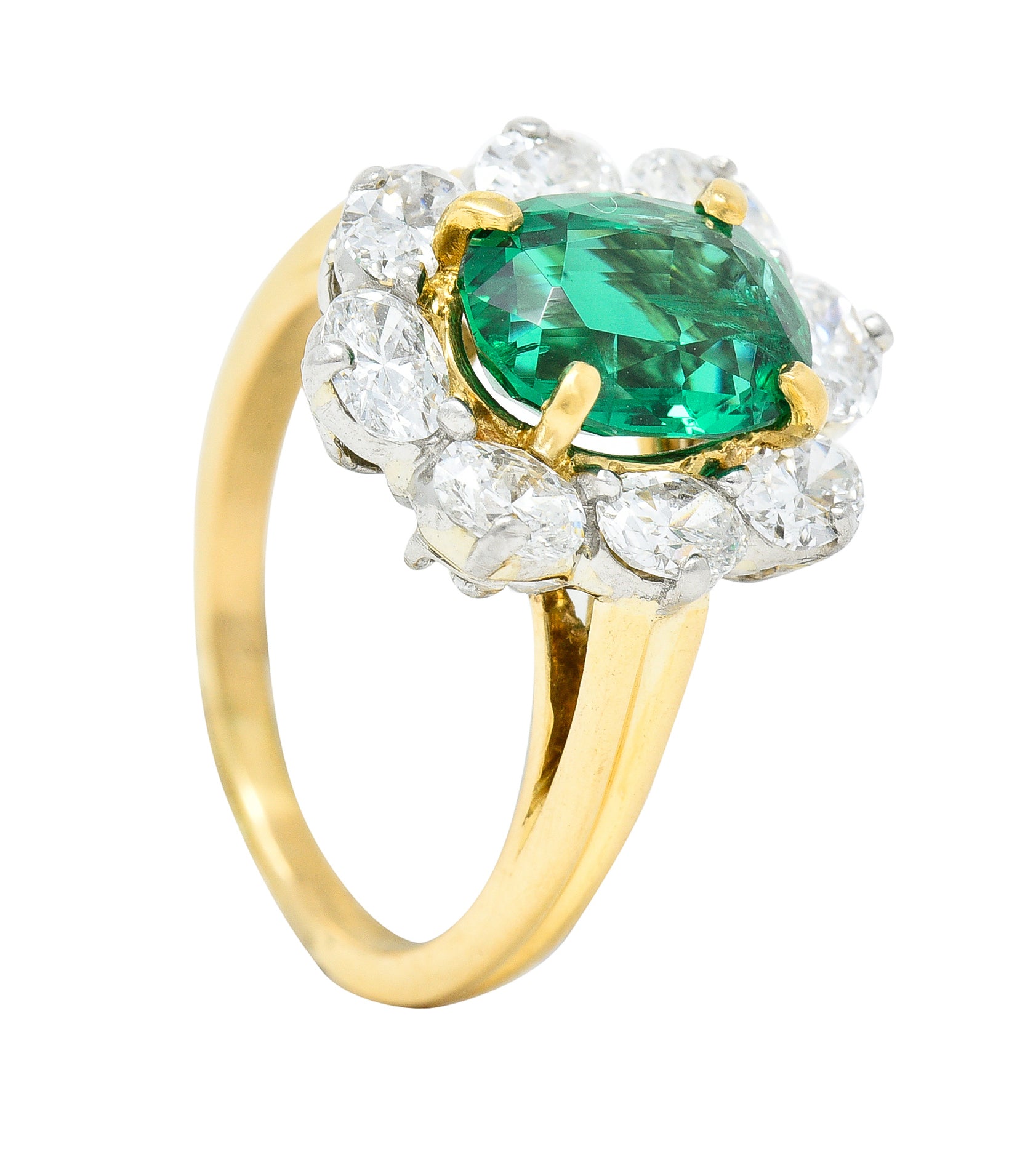 Vintage 2.96 CTW Emerald Oval Cut Diamond Platinum 18 Karat Yellow Gold Halo Ring GIA Wilson's Estate Jewelry