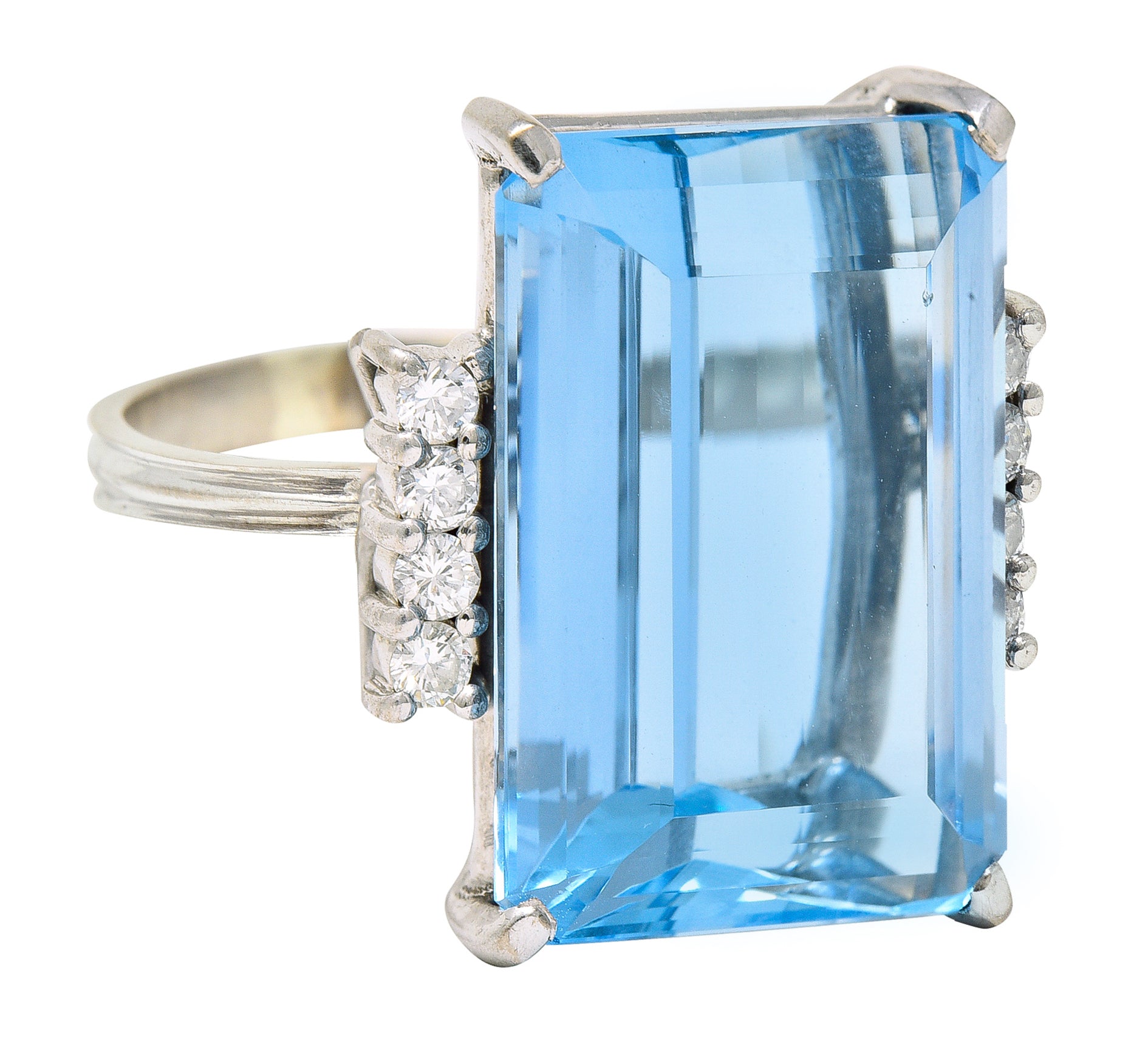 1950's Mid-Century 18.60 CTW Aquamarine Diamond 18 Karat White Gold Vintage Cocktail Ring Wilson's Estate Jewelry