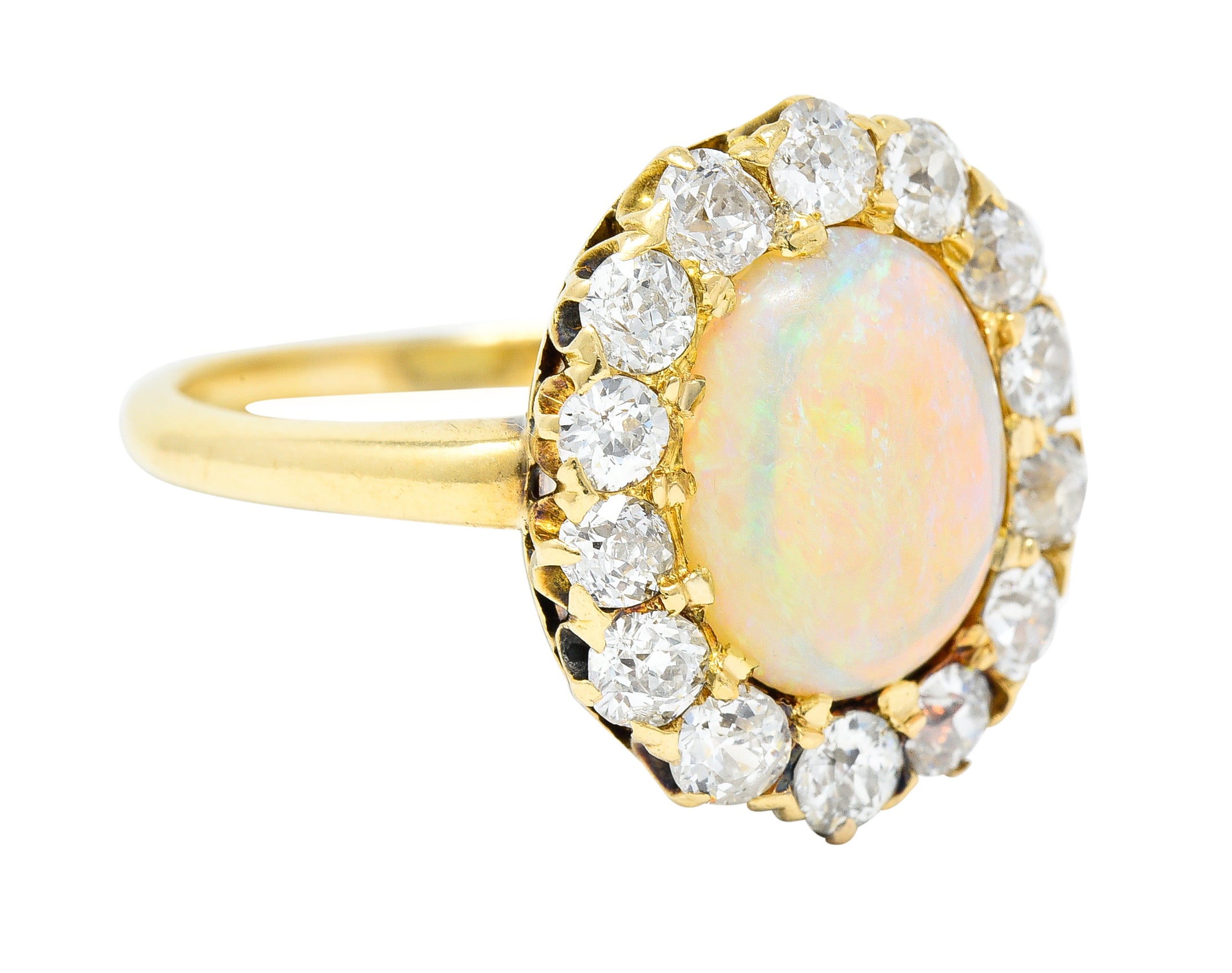 Victorian 1.89 CTW Opal Cabochon Old European & Mine Cut Diamond 18 Karat Yellow Gold Antique Halo Ring Wilson's Estate Jewelry