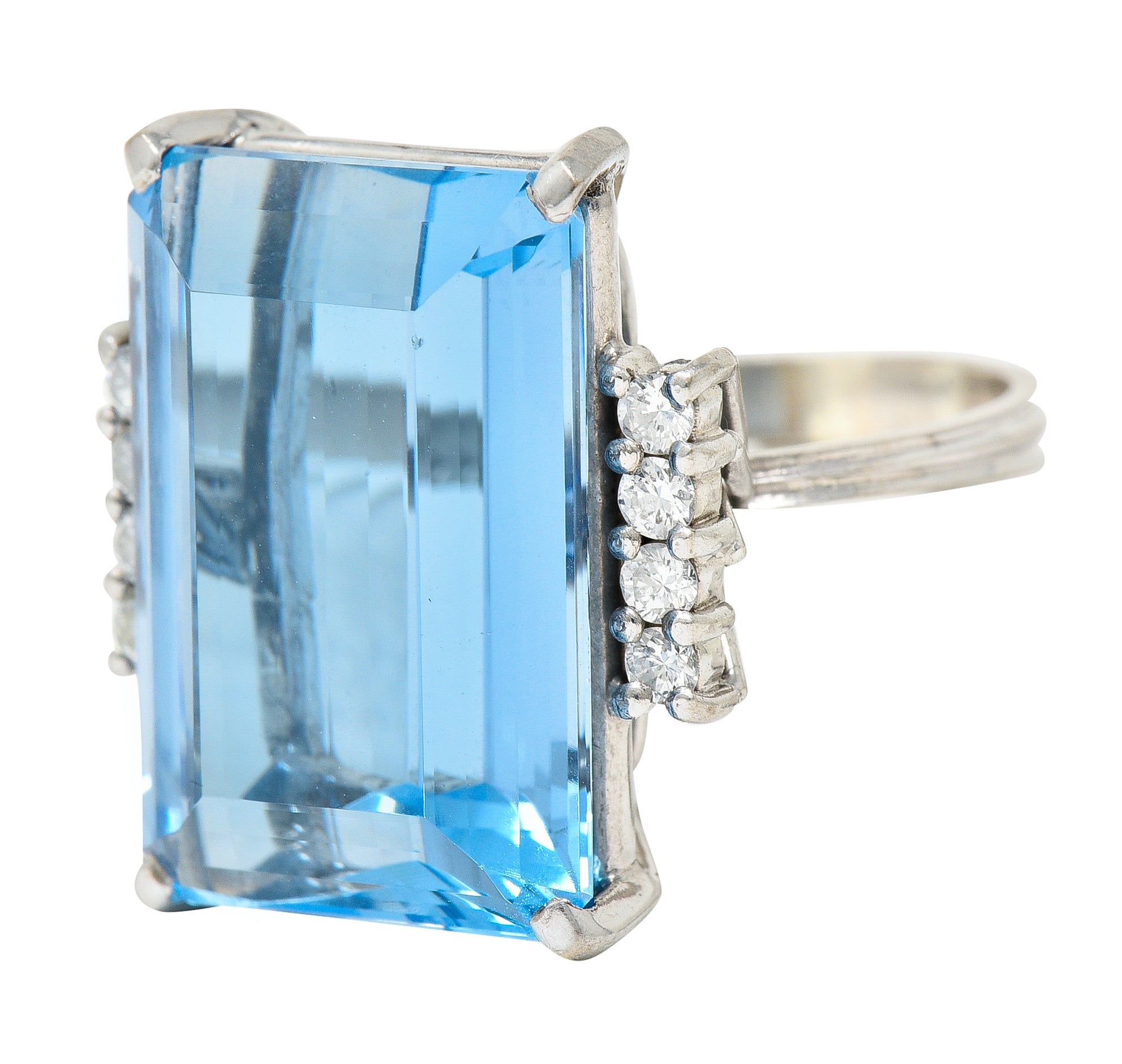 1950's Mid-Century 18.60 CTW Aquamarine Diamond 18 Karat White Gold Vintage Cocktail Ring Wilson's Estate Jewelry