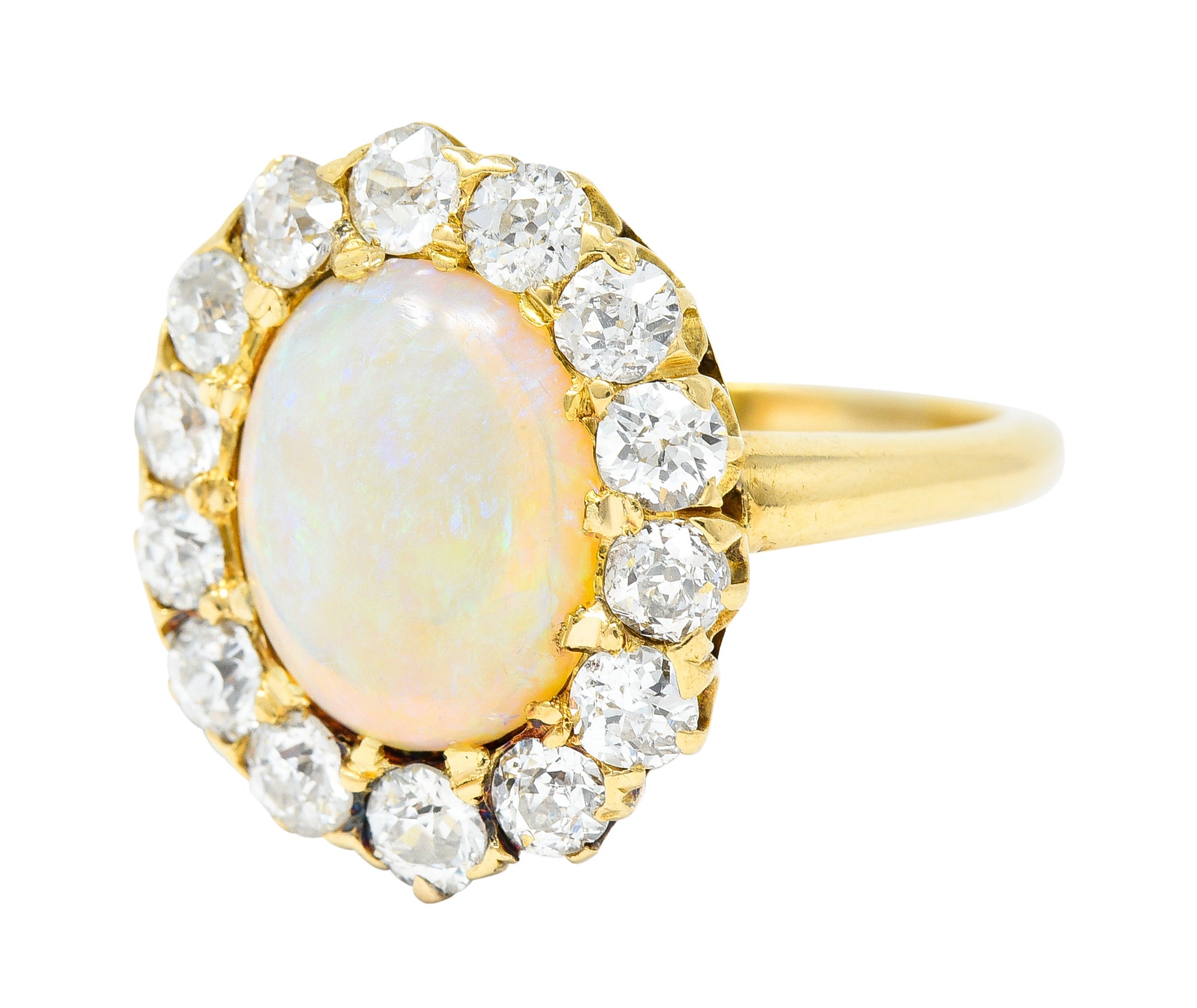 Victorian 1.89 CTW Opal Cabochon Old European & Mine Cut Diamond 18 Karat Yellow Gold Antique Halo Ring Wilson's Estate Jewelry