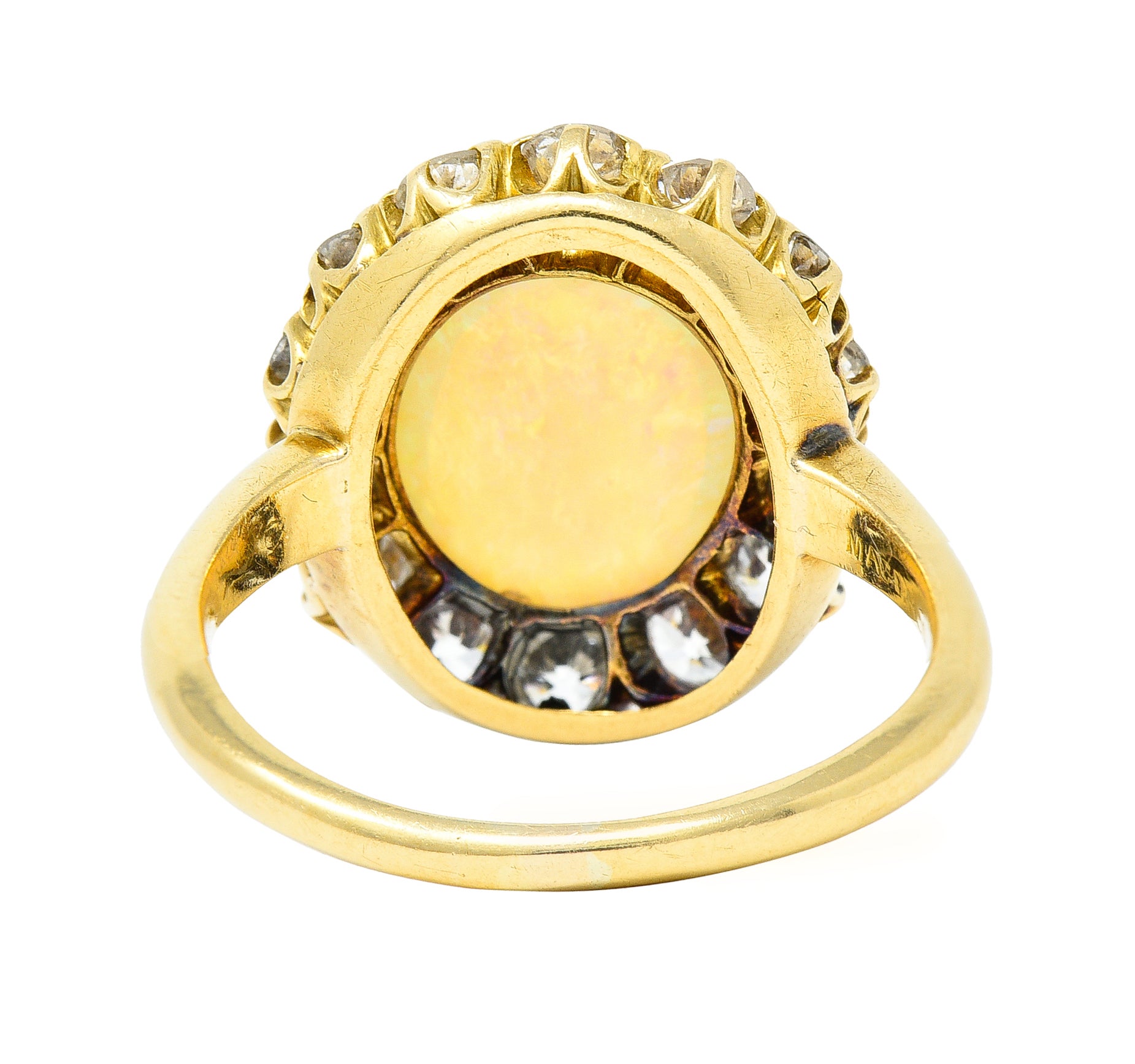 Victorian 1.89 CTW Opal Cabochon Old European & Mine Cut Diamond 18 Karat Yellow Gold Antique Halo Ring Wilson's Estate Jewelry