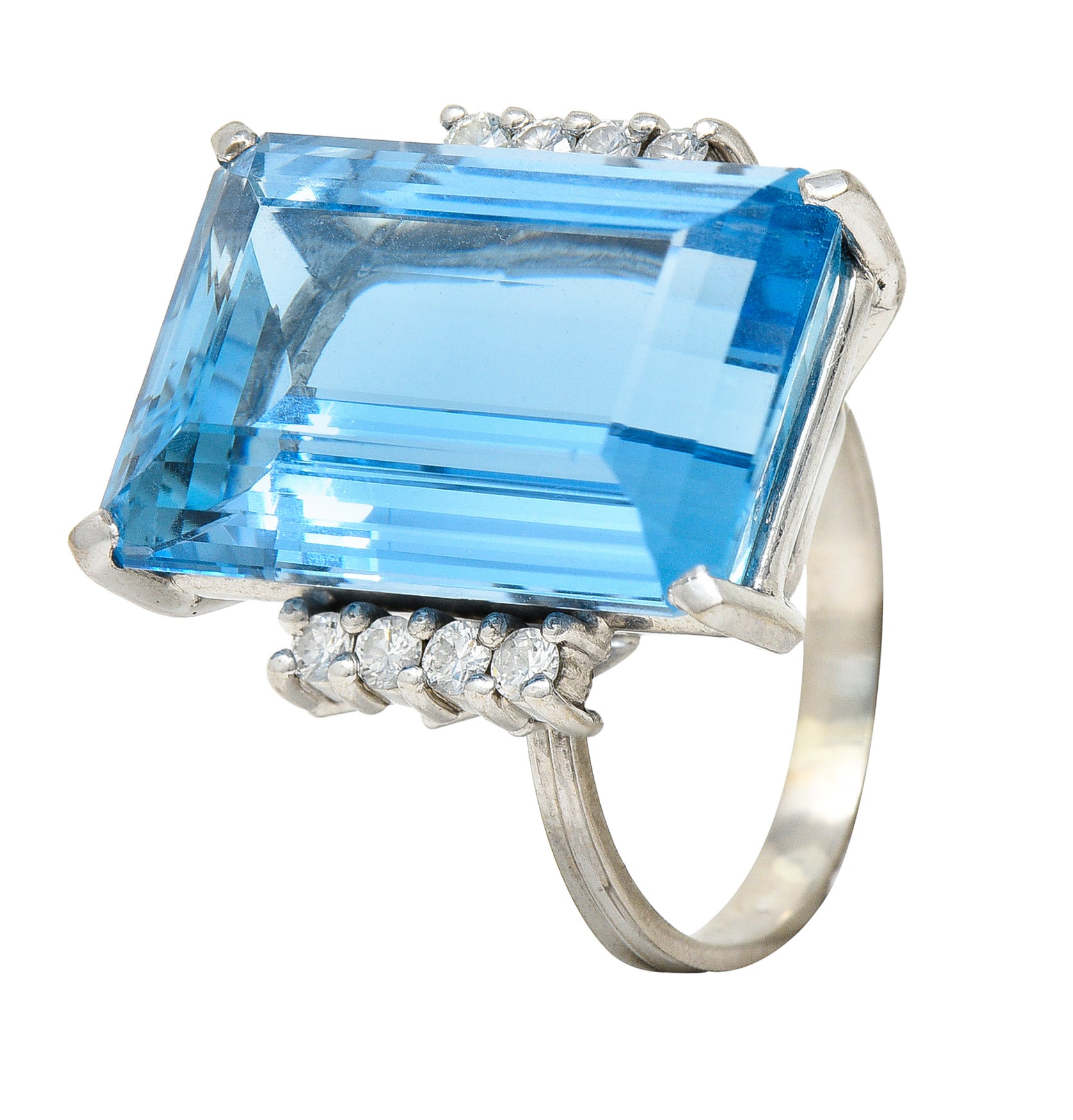 1950's Mid-Century 18.60 CTW Aquamarine Diamond 18 Karat White Gold Vintage Cocktail Ring Wilson's Estate Jewelry