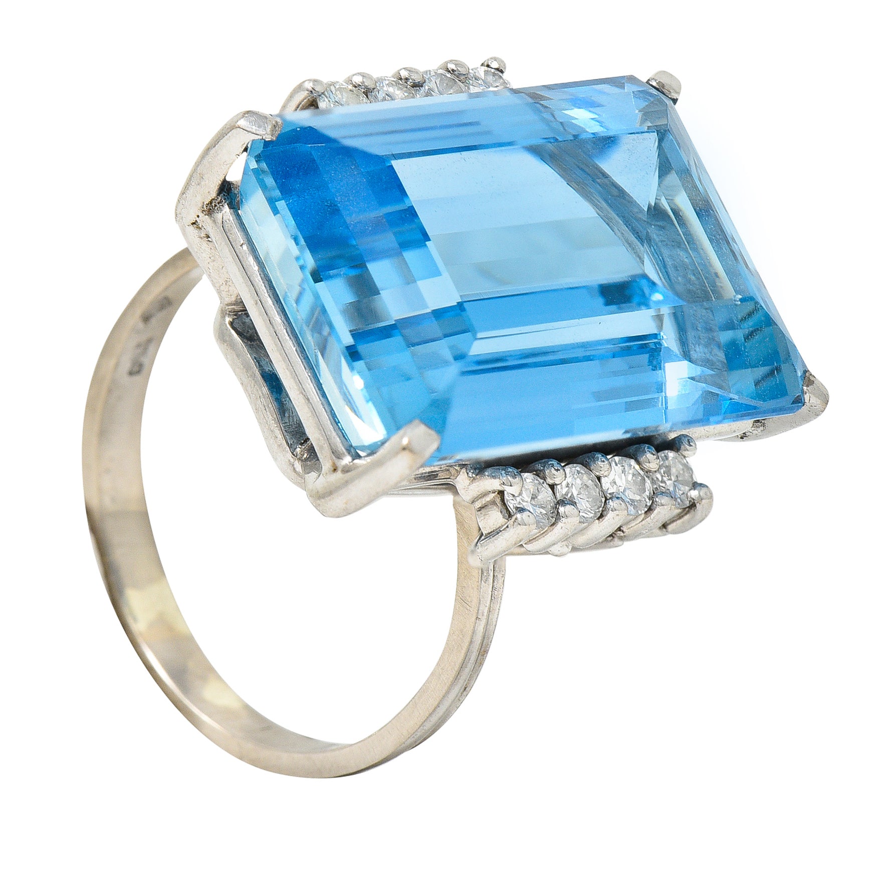 1950's Mid-Century 18.60 CTW Aquamarine Diamond 18 Karat White Gold Vintage Cocktail Ring Wilson's Estate Jewelry