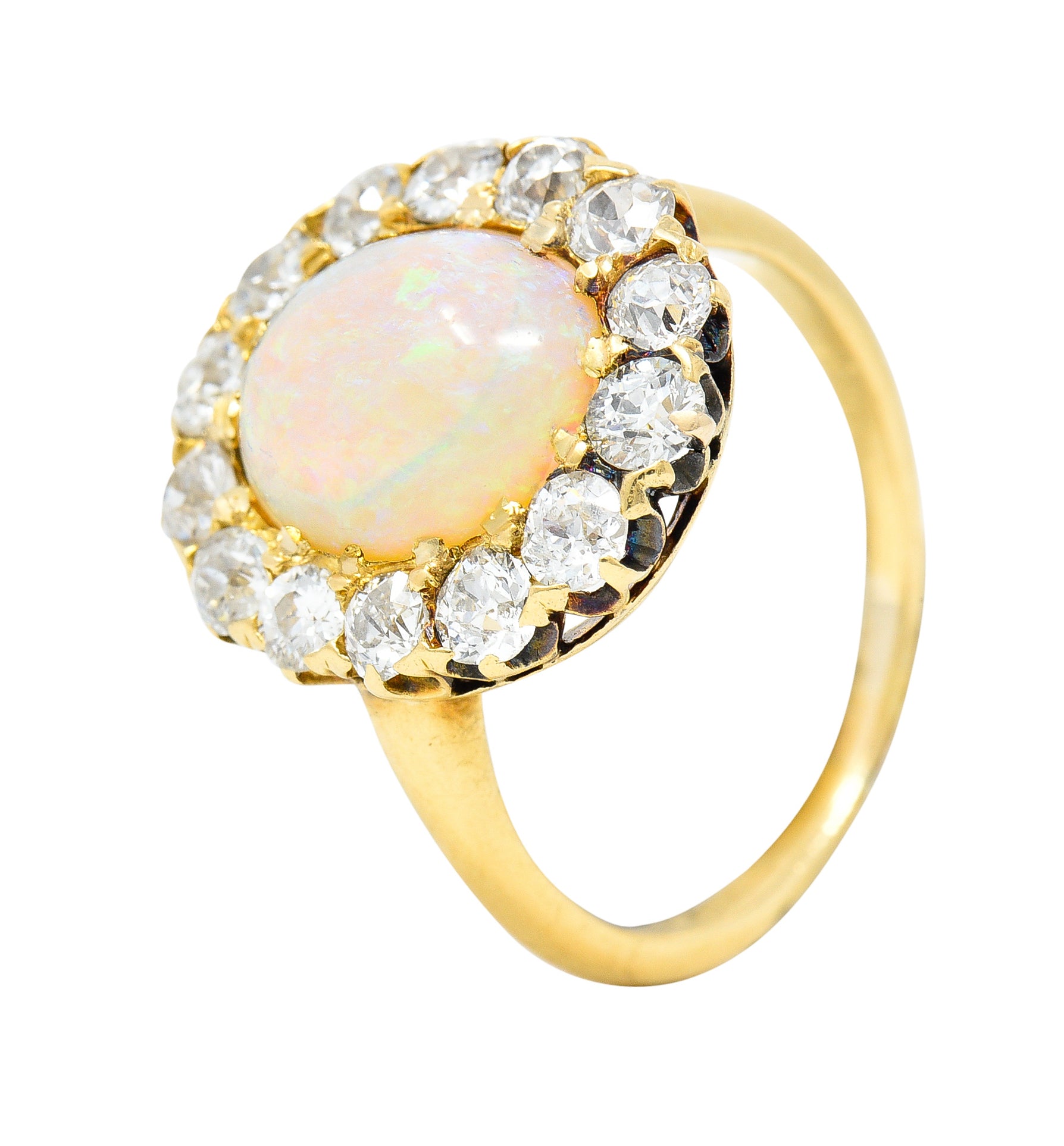 Victorian 1.89 CTW Opal Cabochon Old European & Mine Cut Diamond 18 Karat Yellow Gold Antique Halo Ring Wilson's Estate Jewelry