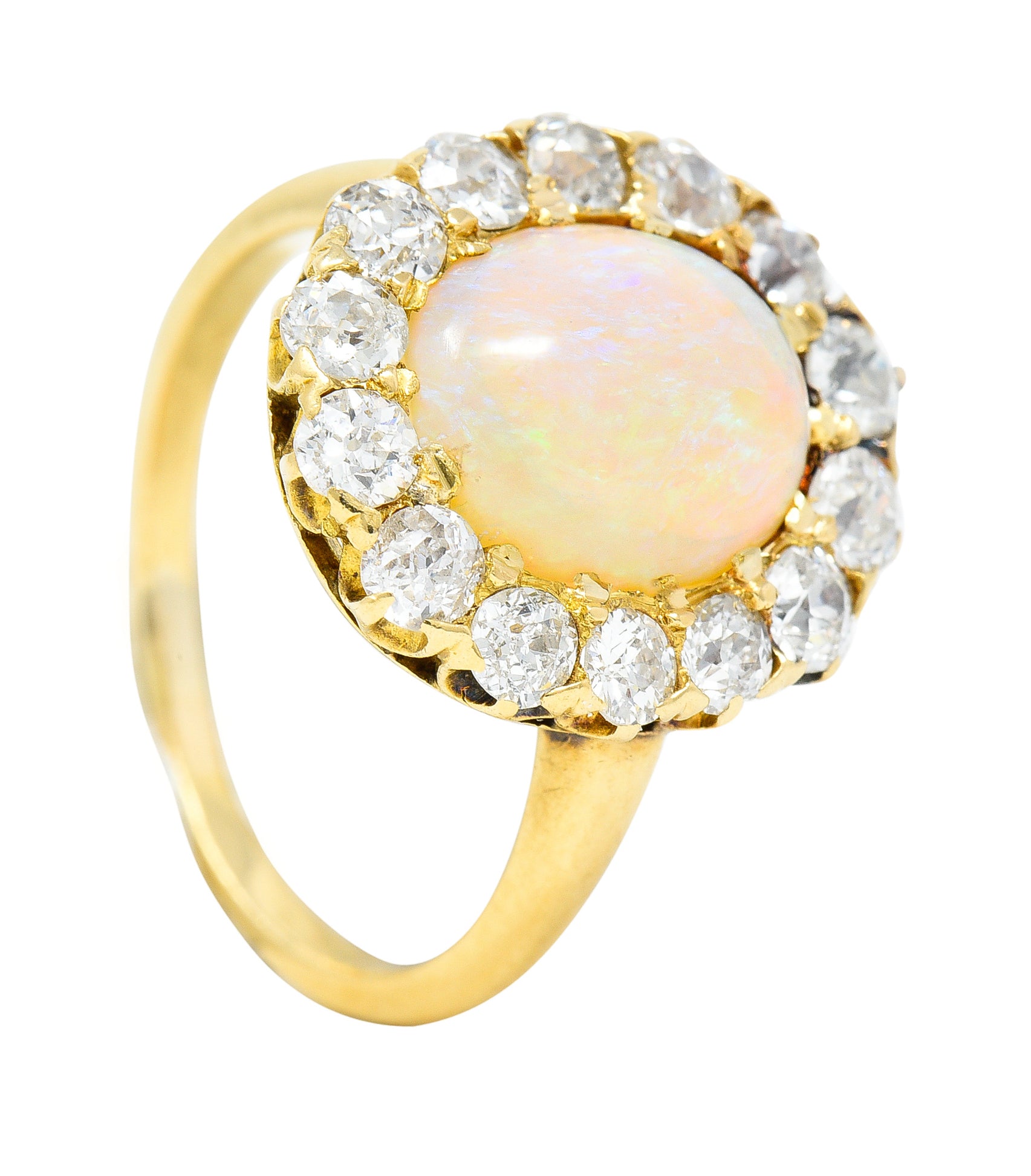 Victorian 1.89 CTW Opal Cabochon Old European & Mine Cut Diamond 18 Karat Yellow Gold Antique Halo Ring Wilson's Estate Jewelry