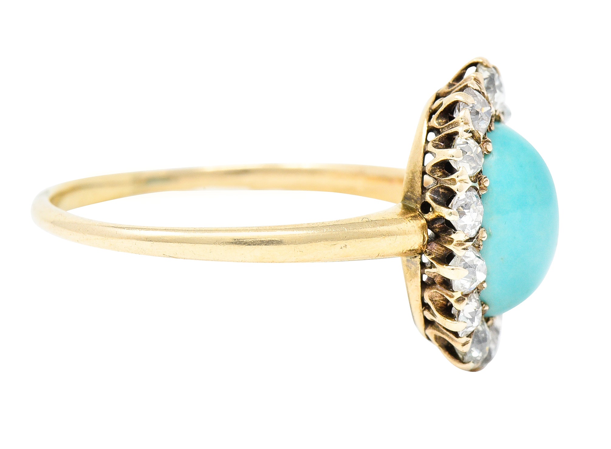 Victorian Turquoise Cabochon Old Mine  Cut Diamond 14 Karat Yellow Gold Halo Ring Wilson's Estate Jewelry