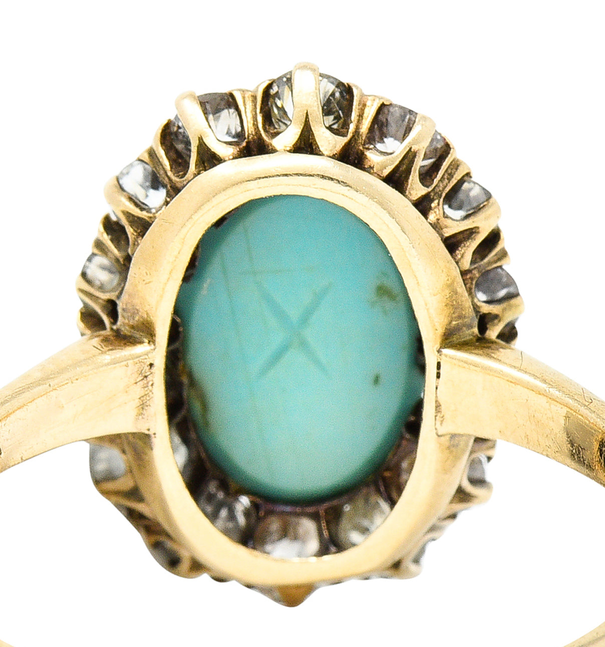 Victorian Turquoise Cabochon Old Mine  Cut Diamond 14 Karat Yellow Gold Halo Ring Wilson's Estate Jewelry