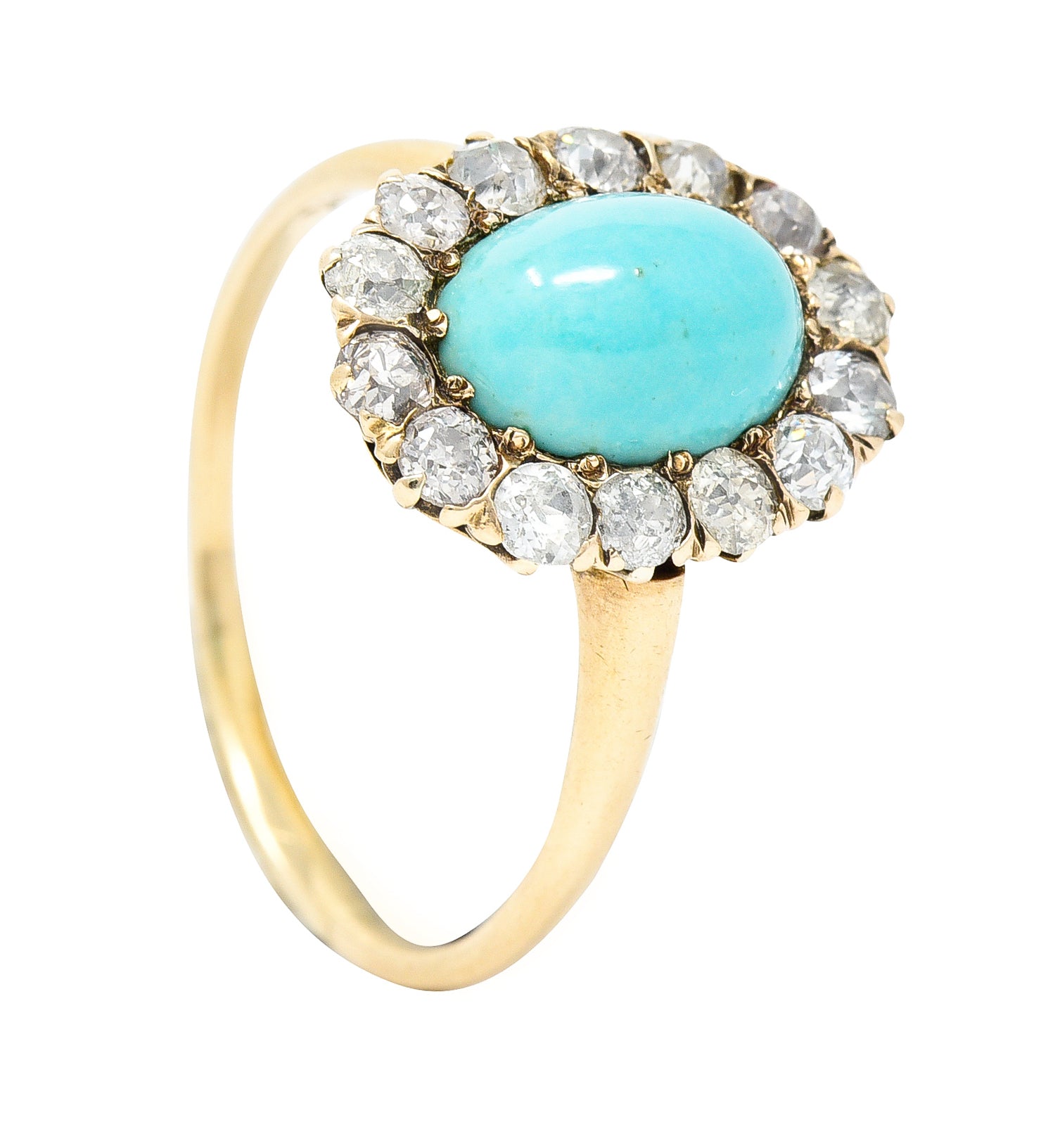 Victorian Turquoise Cabochon Old Mine  Cut Diamond 14 Karat Yellow Gold Halo Ring Wilson's Estate Jewelry