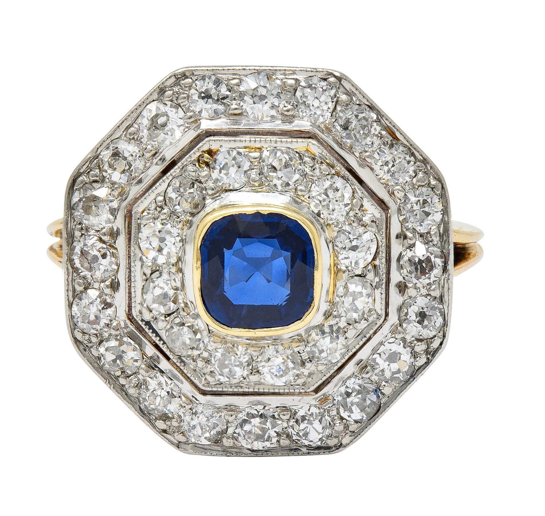 Early Art Deco 1.95 CTW Sapphire Diamond Platinum-Topped 14 Karat Gold Octagonal Cluster RingRing - Wilson's Estate Jewelry