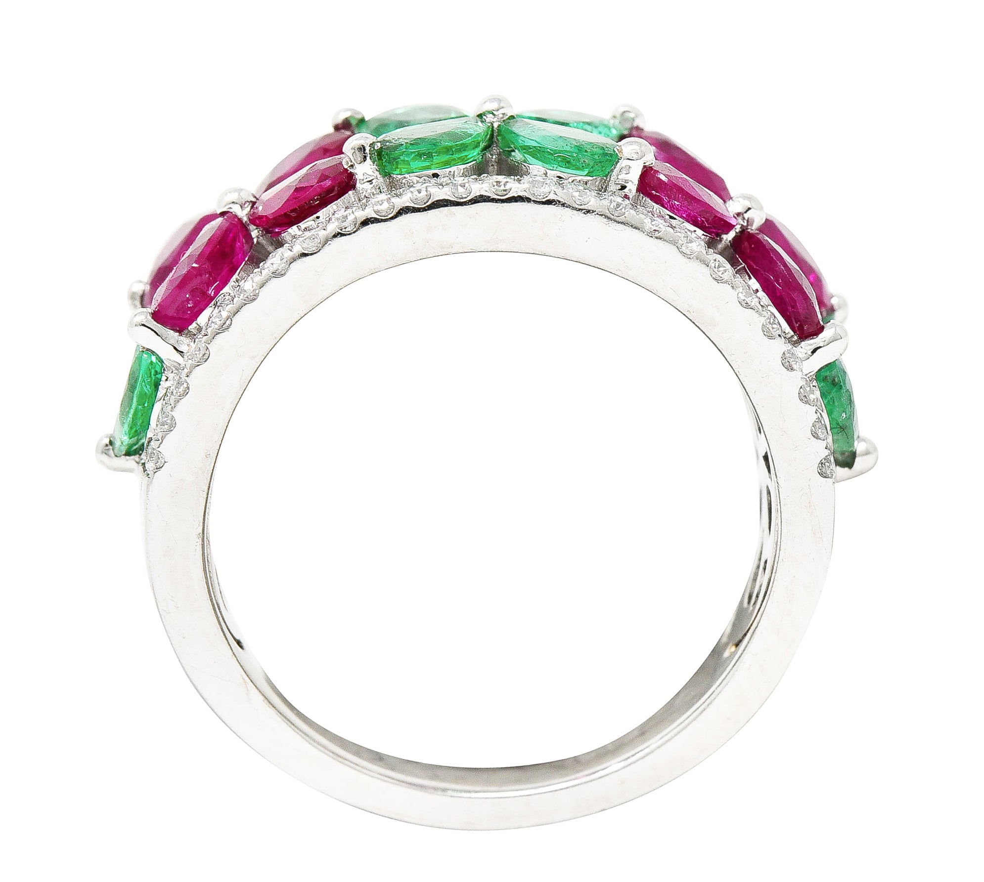 Contemporary 3.95 CTW Emerald Ruby Diamond 14 Karat White Gold Gemstone Flower Band Ring Wilson's Estate Jewelry