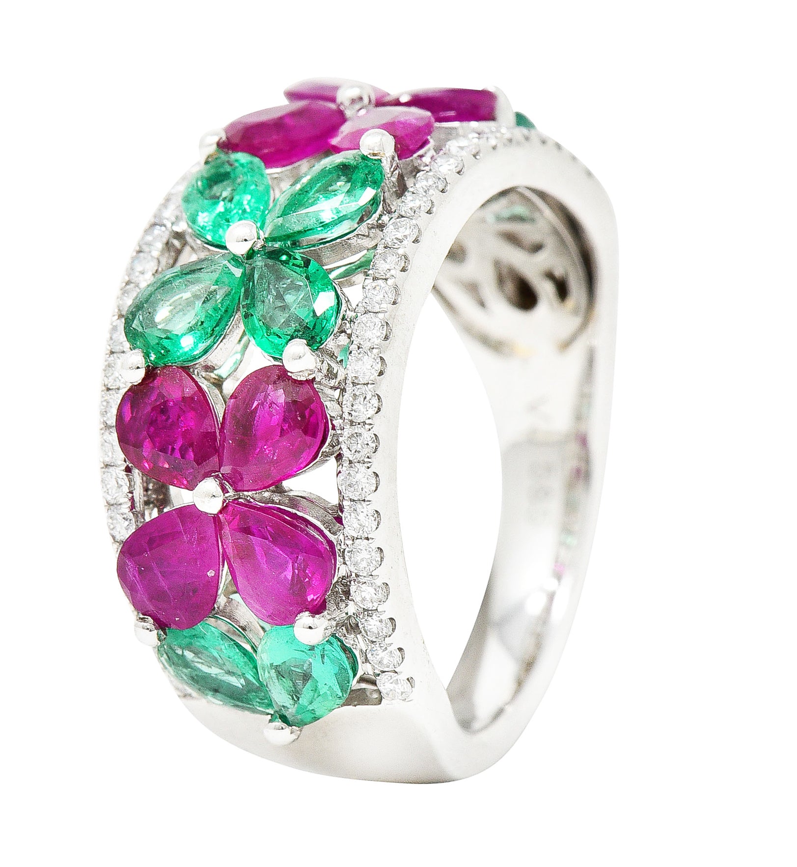 Contemporary 3.95 CTW Emerald Ruby Diamond 14 Karat White Gold Gemstone Flower Band Ring Wilson's Estate Jewelry